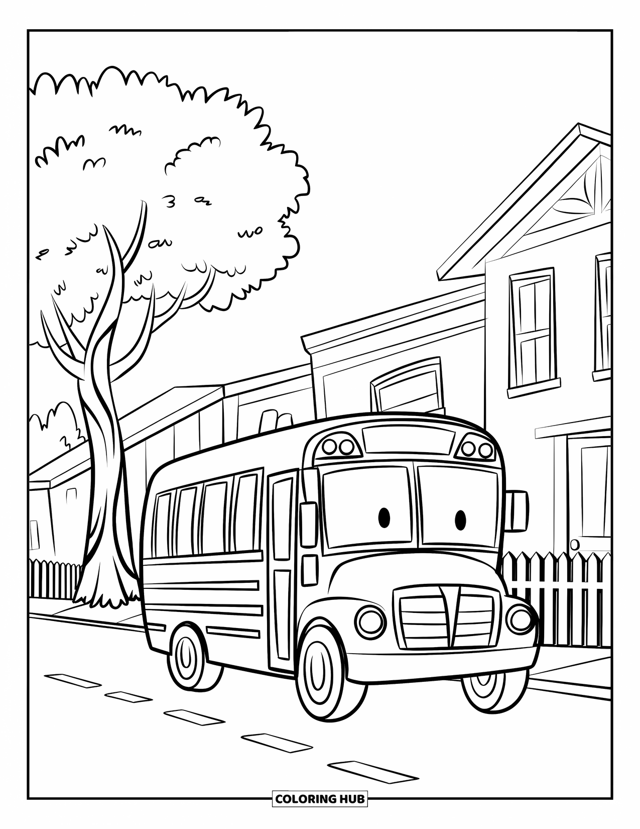 City Coloring Page for Kids: A friendly school bus rolls past a fence, a tree, and two simple buildings