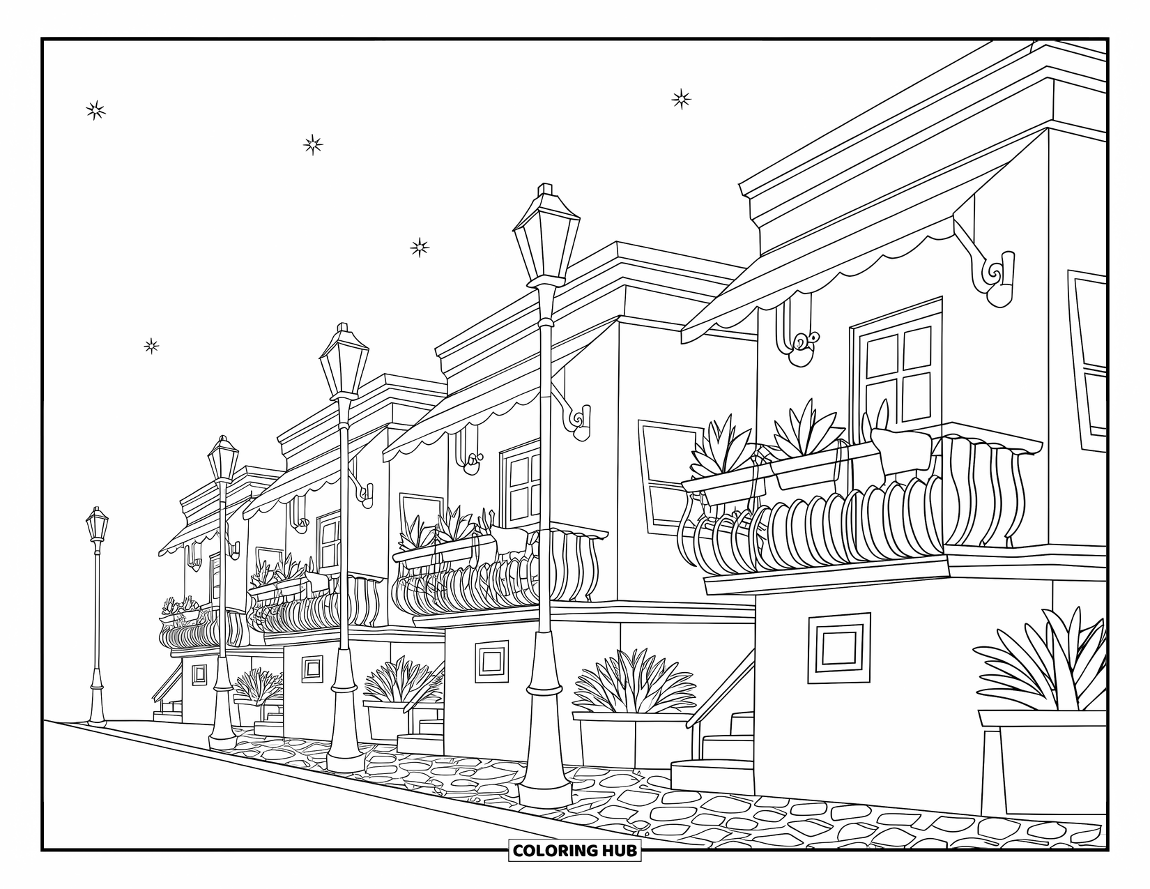 City Coloring Page for Kids: A row of cozy apartments with balconies, potted plants, and glowing street lamps