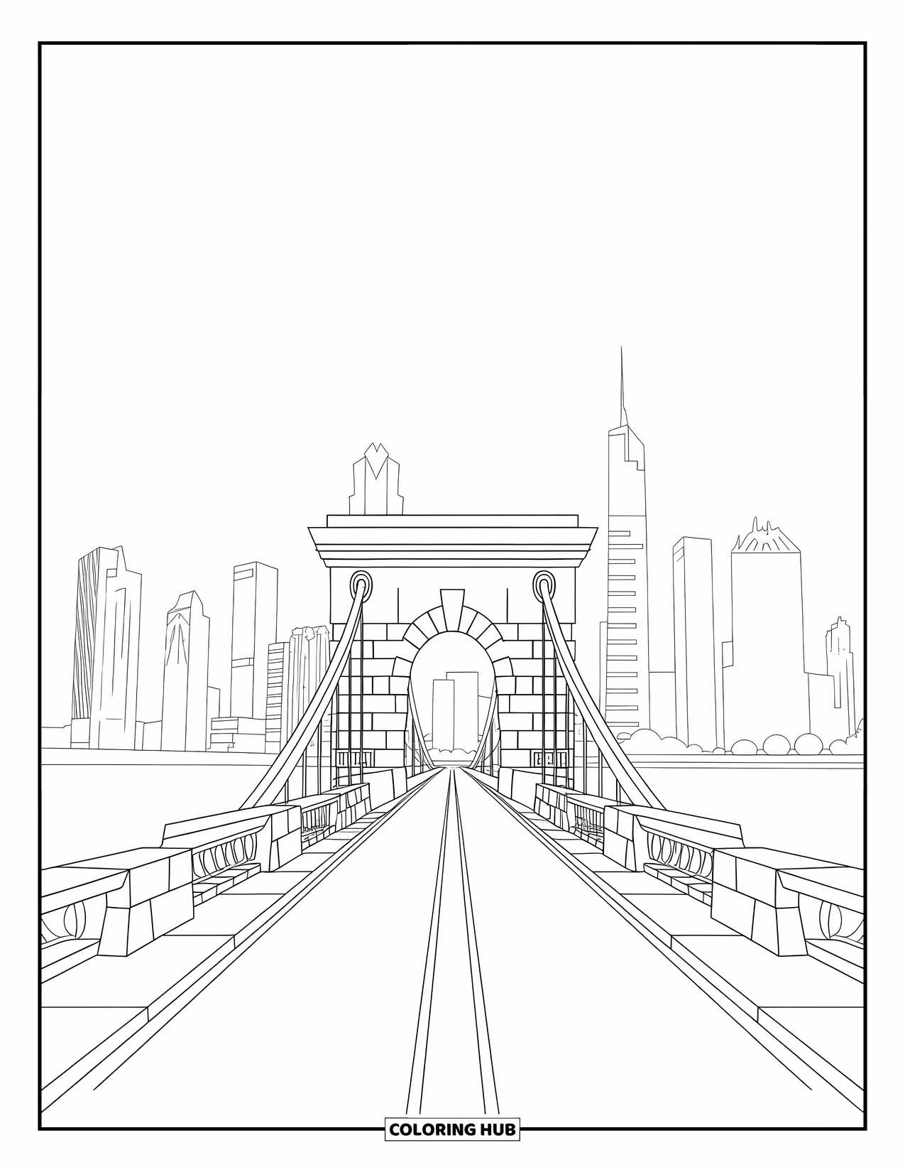 City Coloring Page for Kids: A stone city bridge with traffic lanes, sidewalks, and a view of calm water