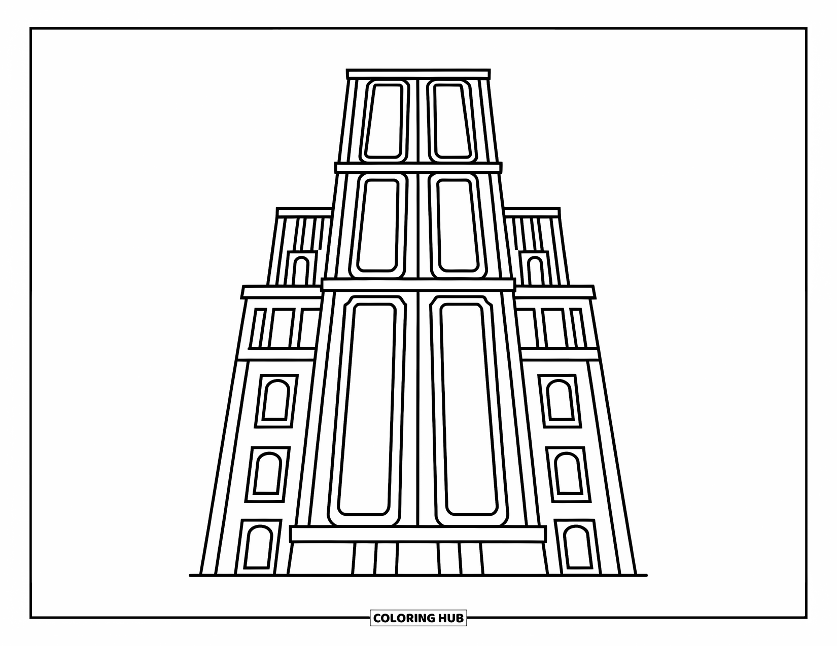 City Coloring Page for Kids: A tall building with big windows and multiple floors stands alone on a city block