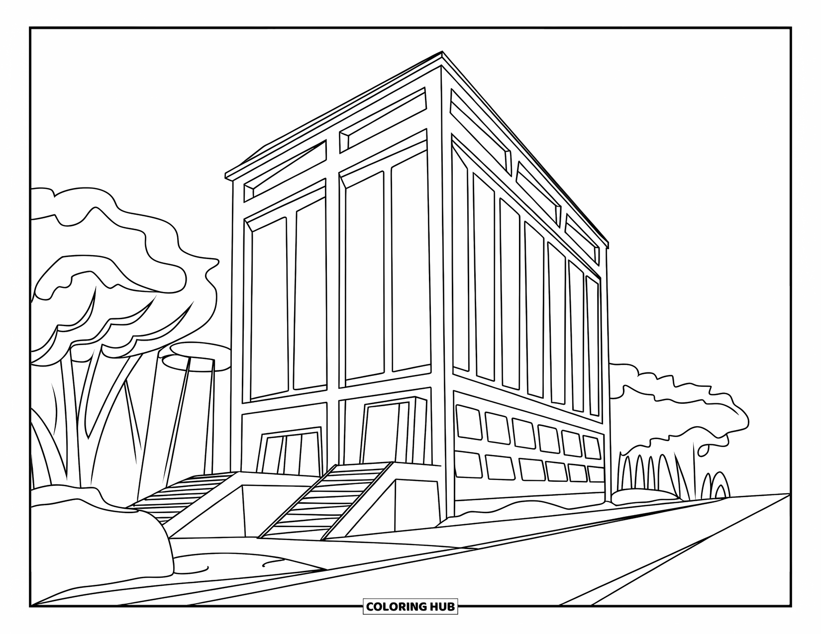 City Coloring Page for Kids: A tall building with stairs, trees, and a nearby road rises beside a quiet street
