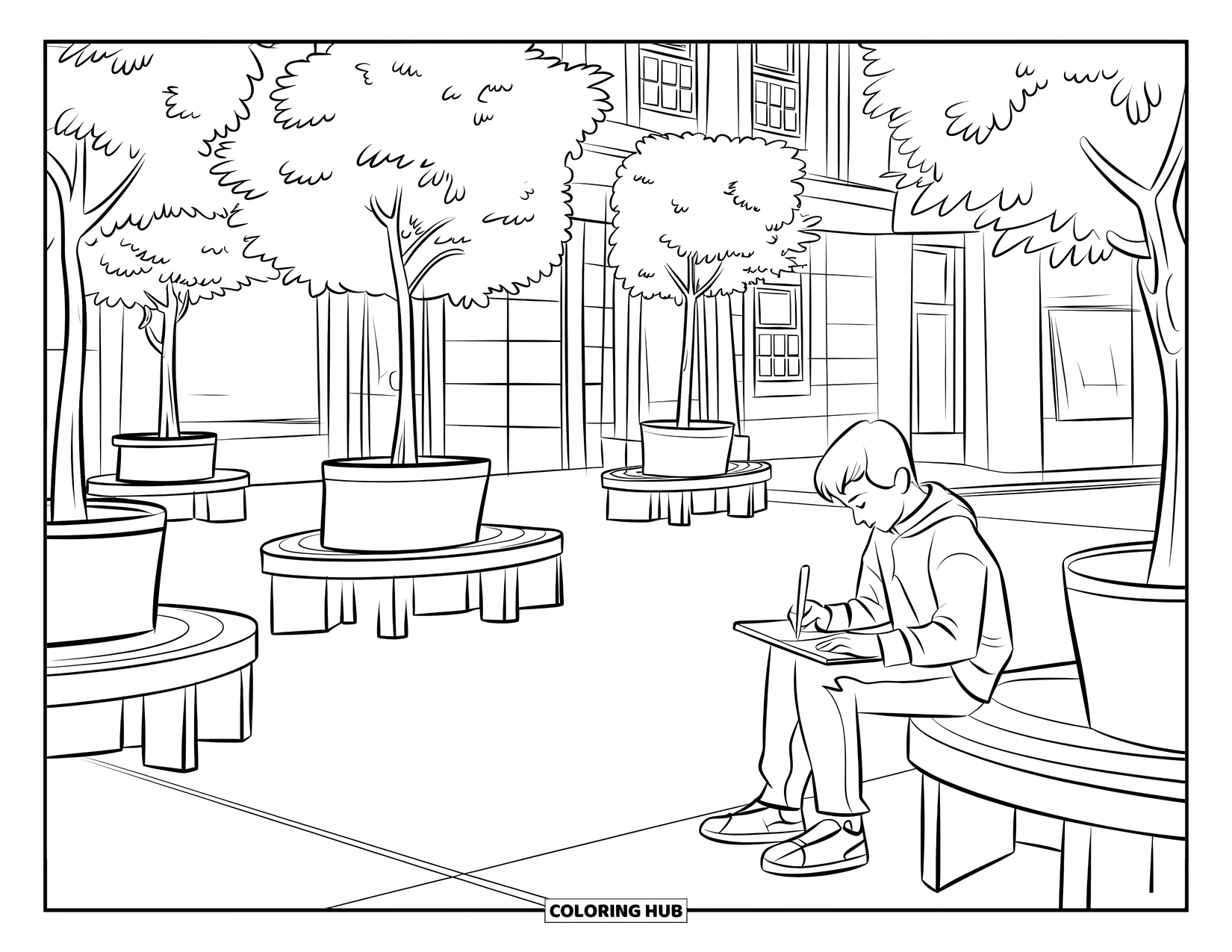 City Coloring Page for Kids: A teen sits drawing in a peaceful courtyard with trees, benches, and nearby buildings