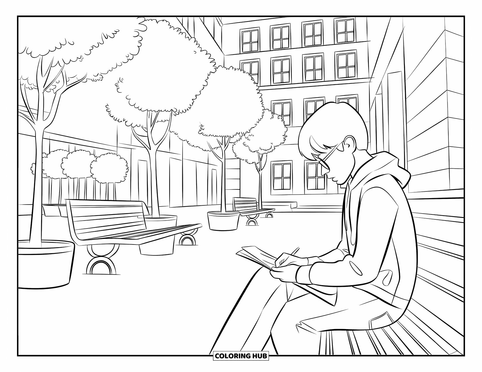City Coloring Page for Kids: A teen sketches quietly in a city courtyard surrounded by benches and potted trees