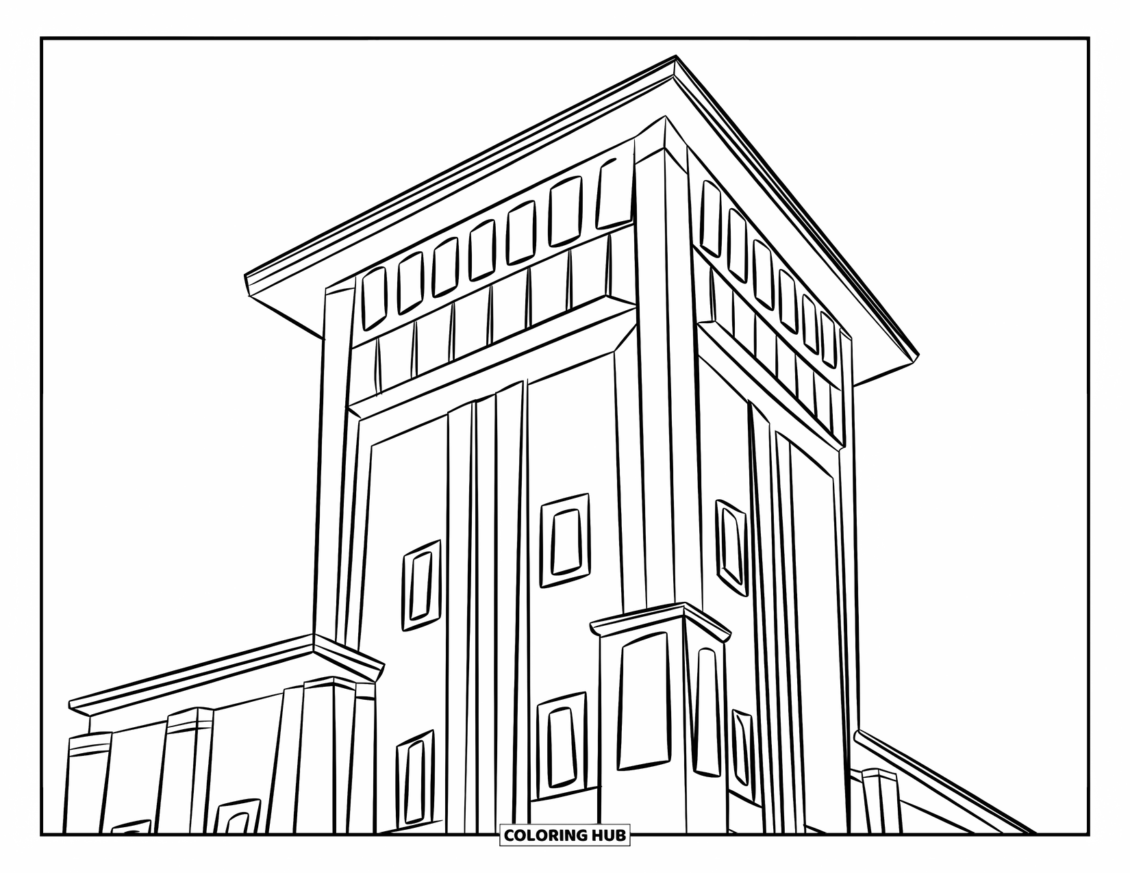 City Coloring Page for Kids: A tower building with large windows and many floors stands against a clear sky