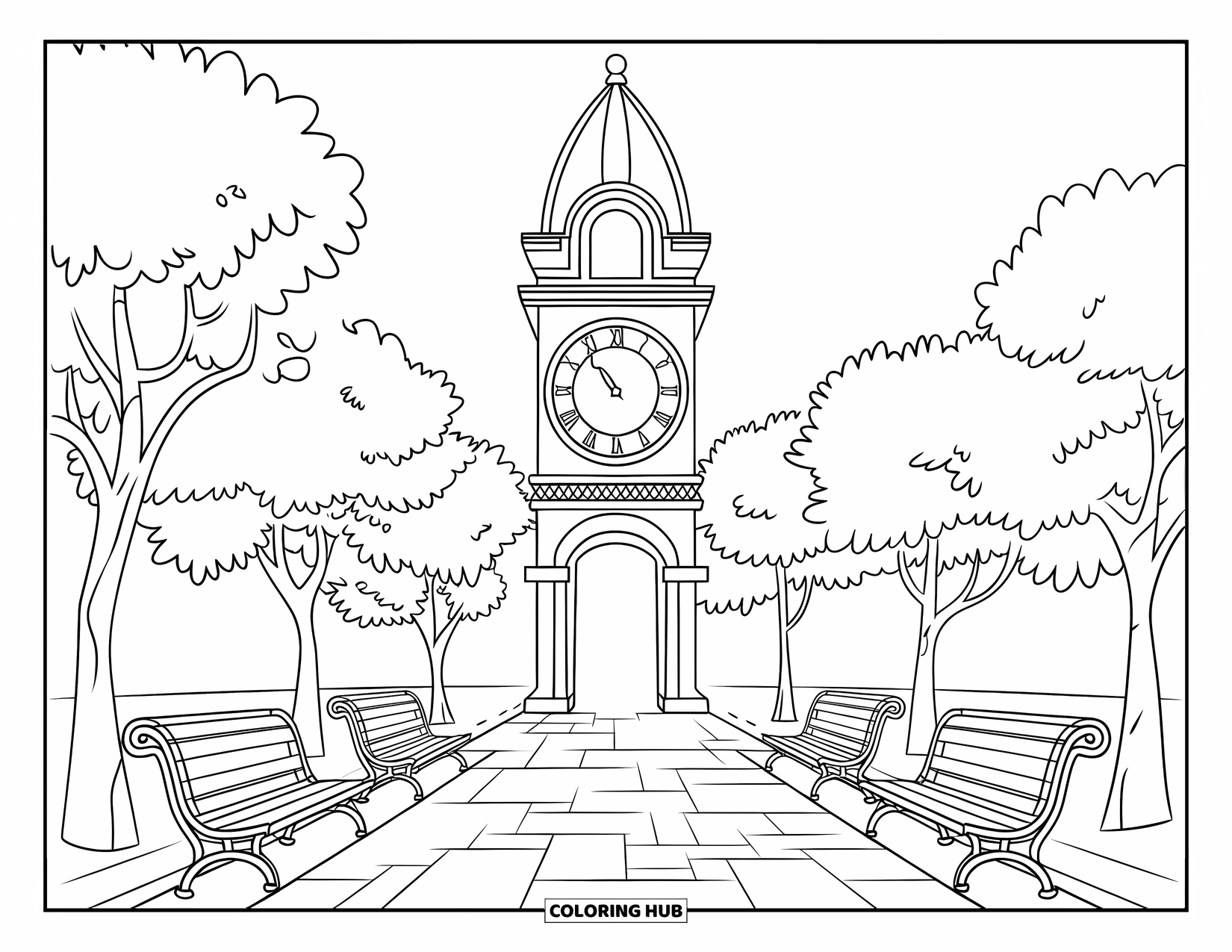 City Coloring Page for Kids: A town square with a clock tower, benches, leafy trees, and paved stone paths
