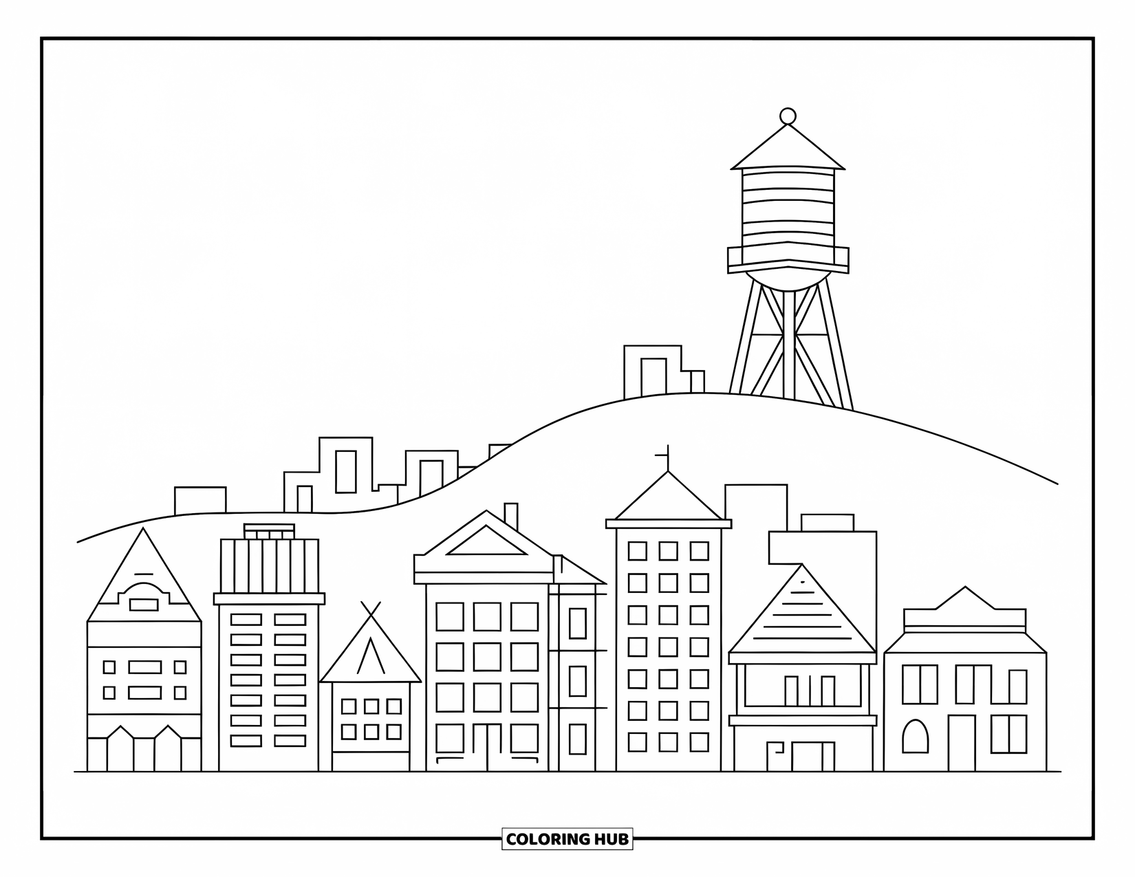 City Coloring Page for Kids: A water tower rises over rooftops in a city skyline with different building shapes