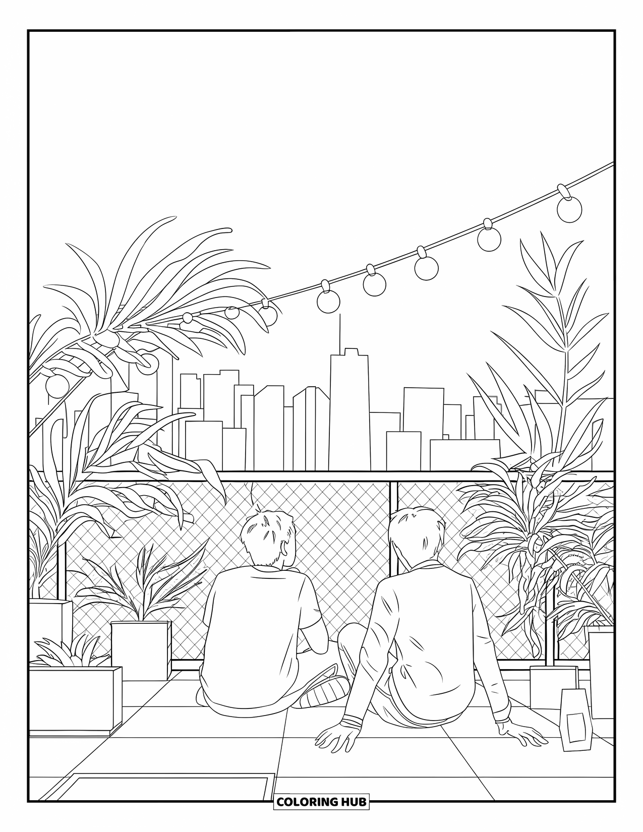 City Coloring Page for Kids: Two teens sit on a rooftop hangout surrounded by plants and a city skyline