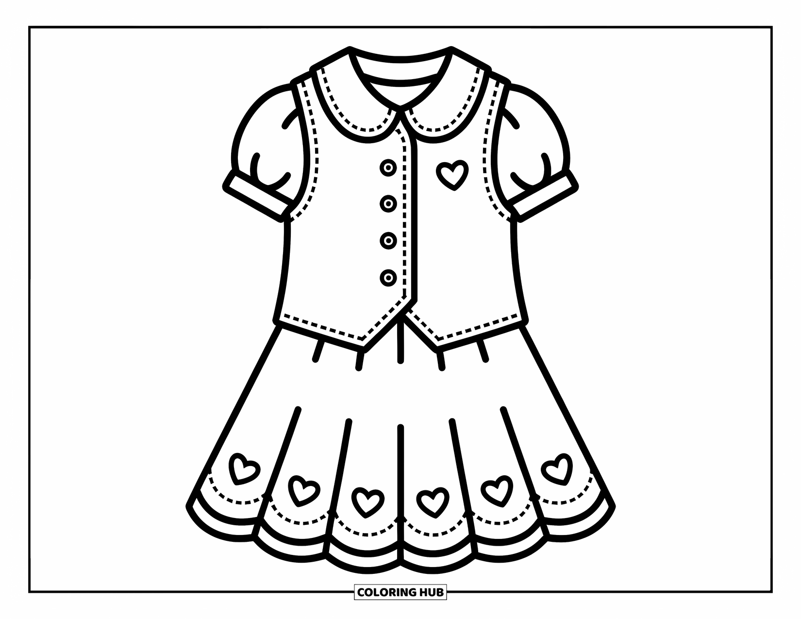 Clothes Coloring Page for Adults: A-line dress and vest with heart stitching and Peter Pan collar
