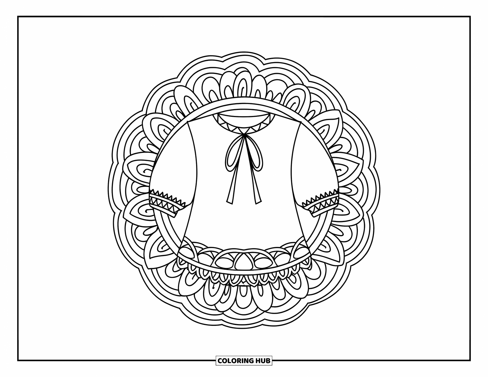 Clothes Coloring Page for Adults: Bow-tie blouse surrounded by layered floral mandalas