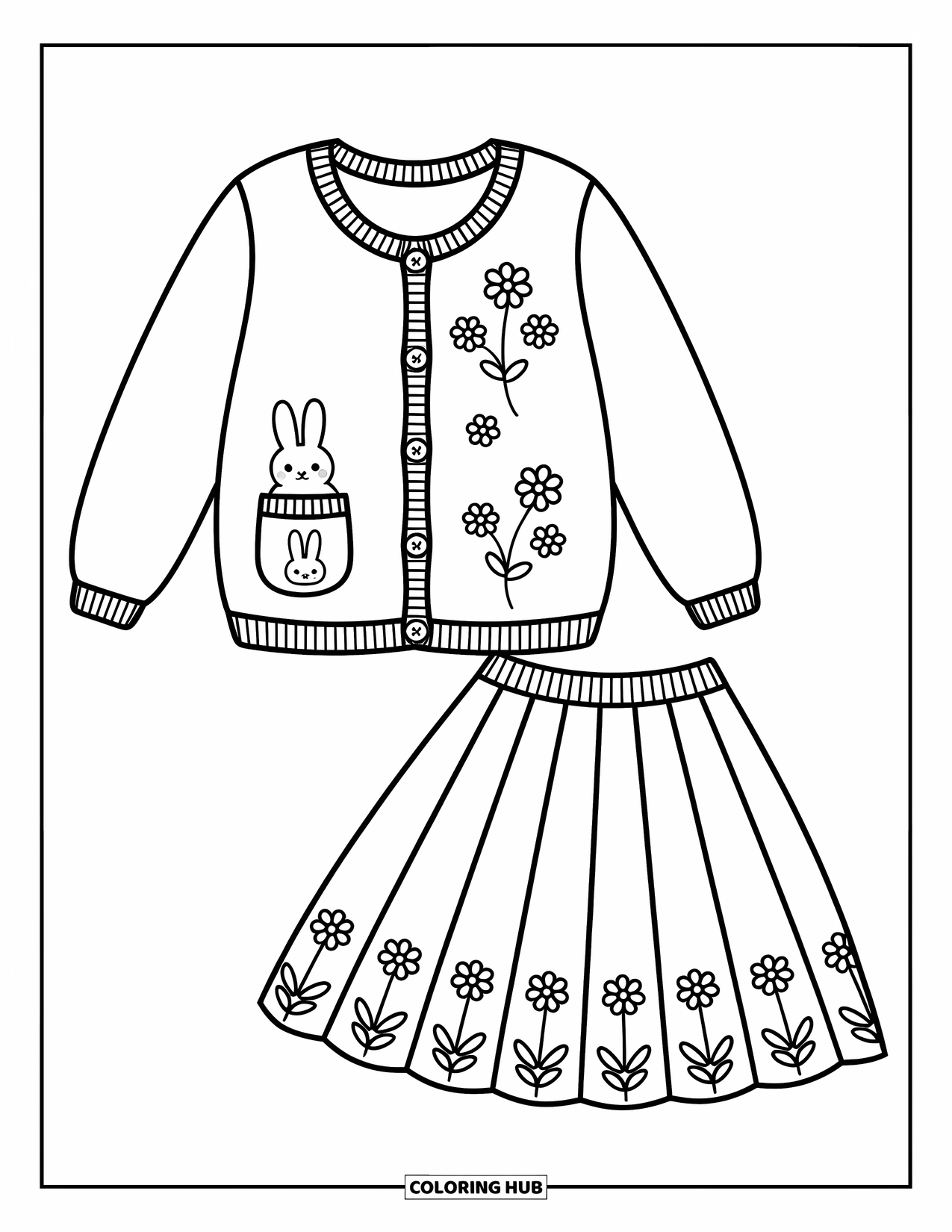 Clothes Coloring Page for Adults: Cardigan and pleated skirt with bunny and flower details
