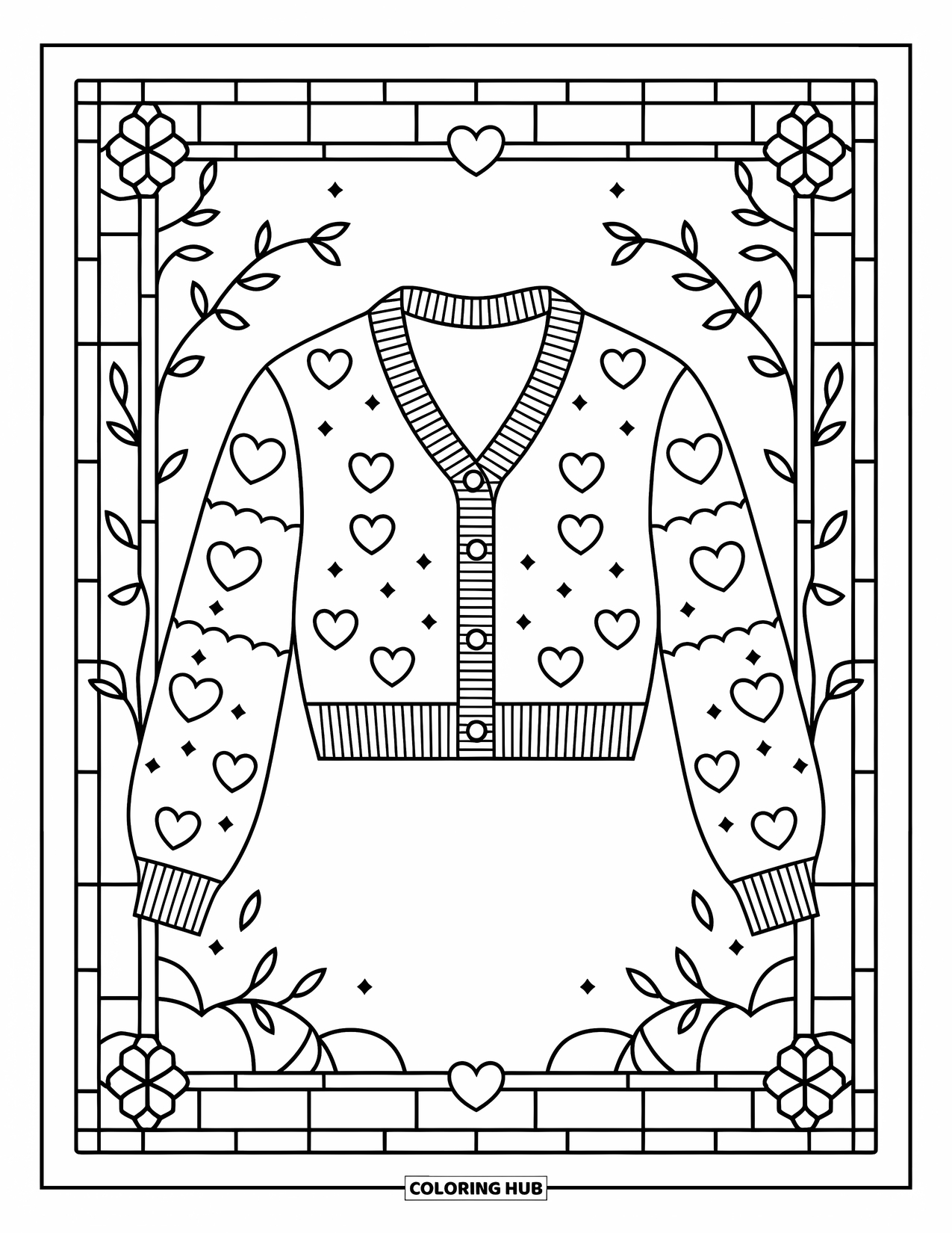 Clothes Coloring Page for Adults: Cardigan with hearts and stars surrounded by stained-glass vines