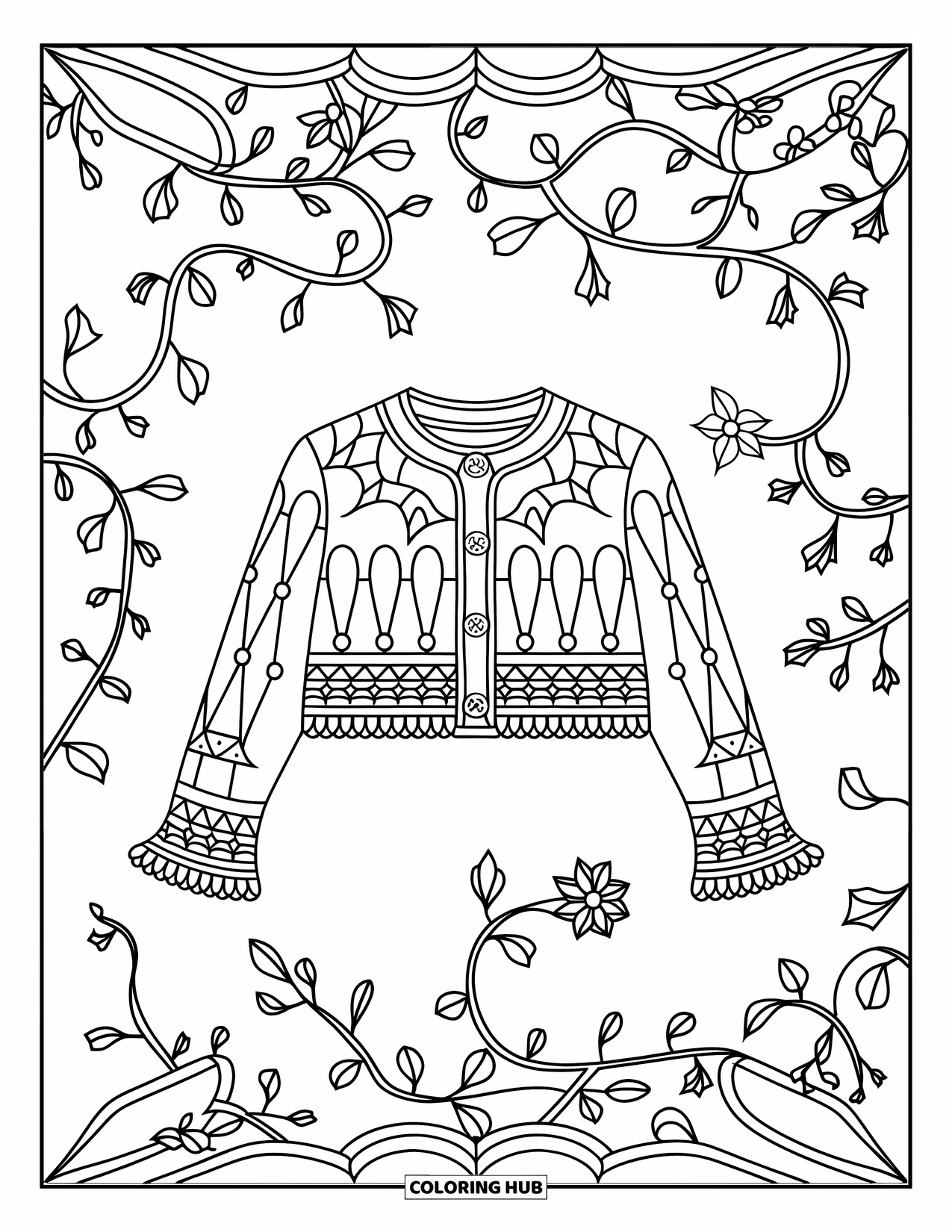 Clothes Coloring Page for Adults: Cropped cardigan with frills and stained-glass vines
