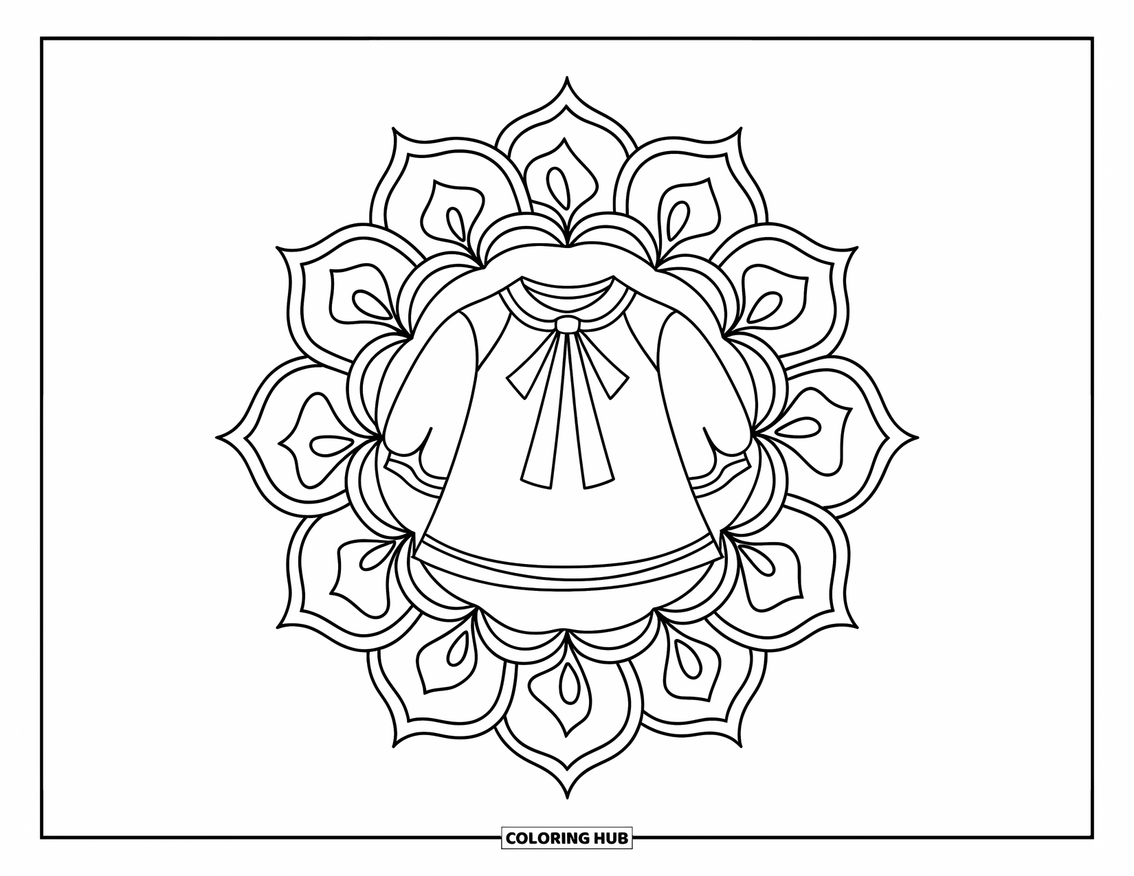 Clothes Coloring Page for Adults: Cute blouse with neck bow and floral mandala frame