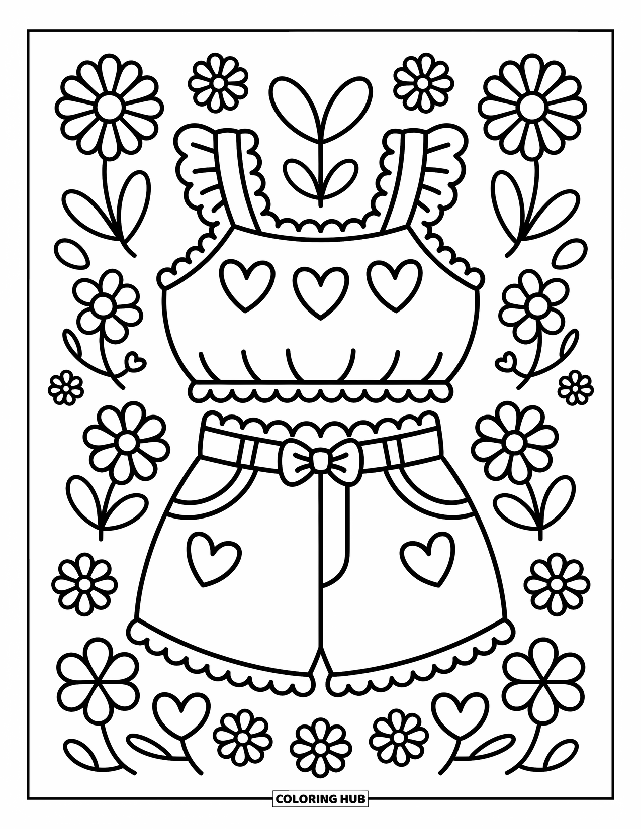 Clothes Coloring Page for Adults: Cute summer outfit with hearts, bows, and cheerful little doodles
