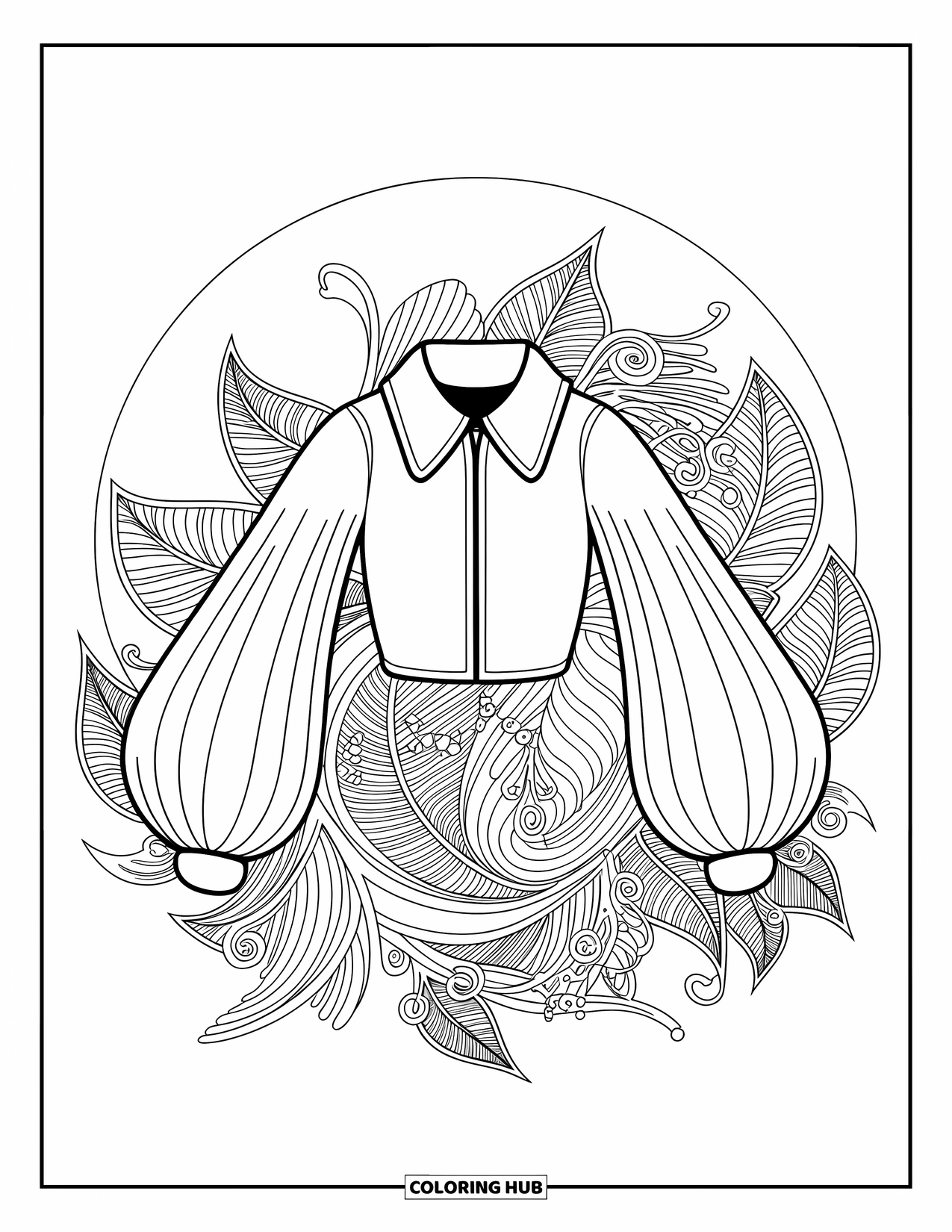 Clothes Coloring Page for Adults: Jacket framed by leaves in a circular stained-glass-style layout