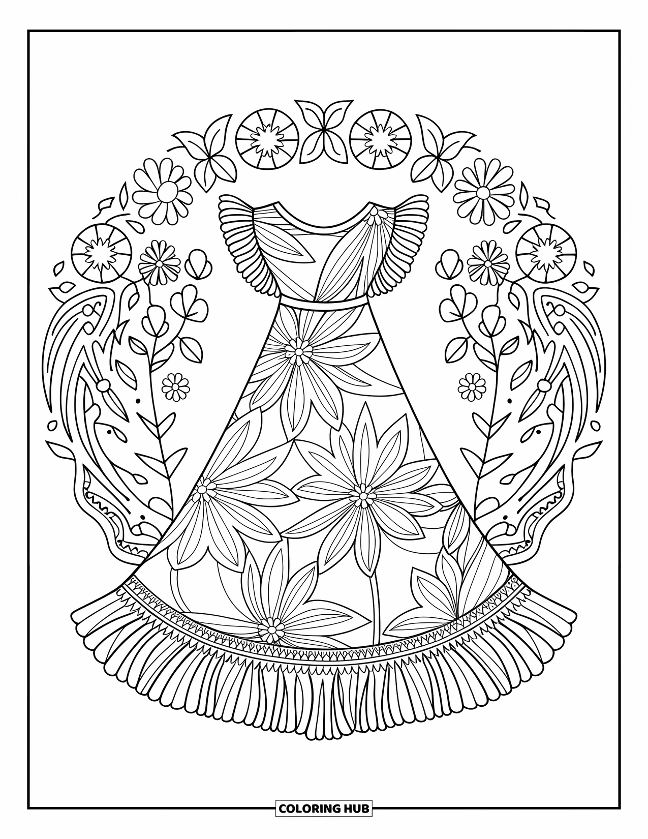 Clothes Coloring Page for Adults: Maxi dress with ruffled sleeves and hem inside floral mandala frame