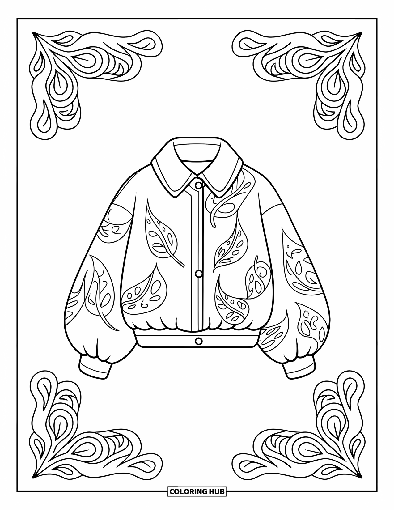 Clothes Coloring Page for Adults: Oversized-sleeve jacket surrounded by swirly leaf border