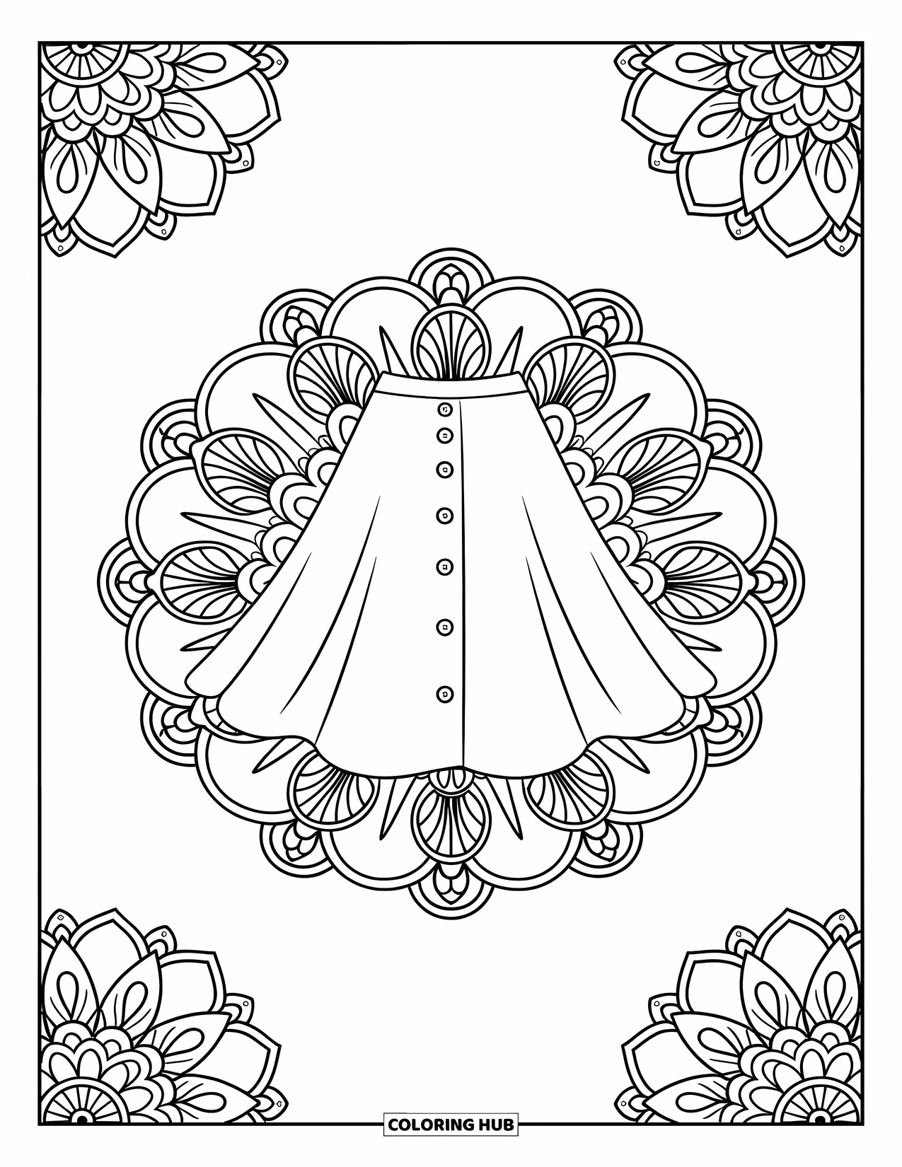 Clothes Coloring Page for Adults: Patterned skirt framed by mandala florals