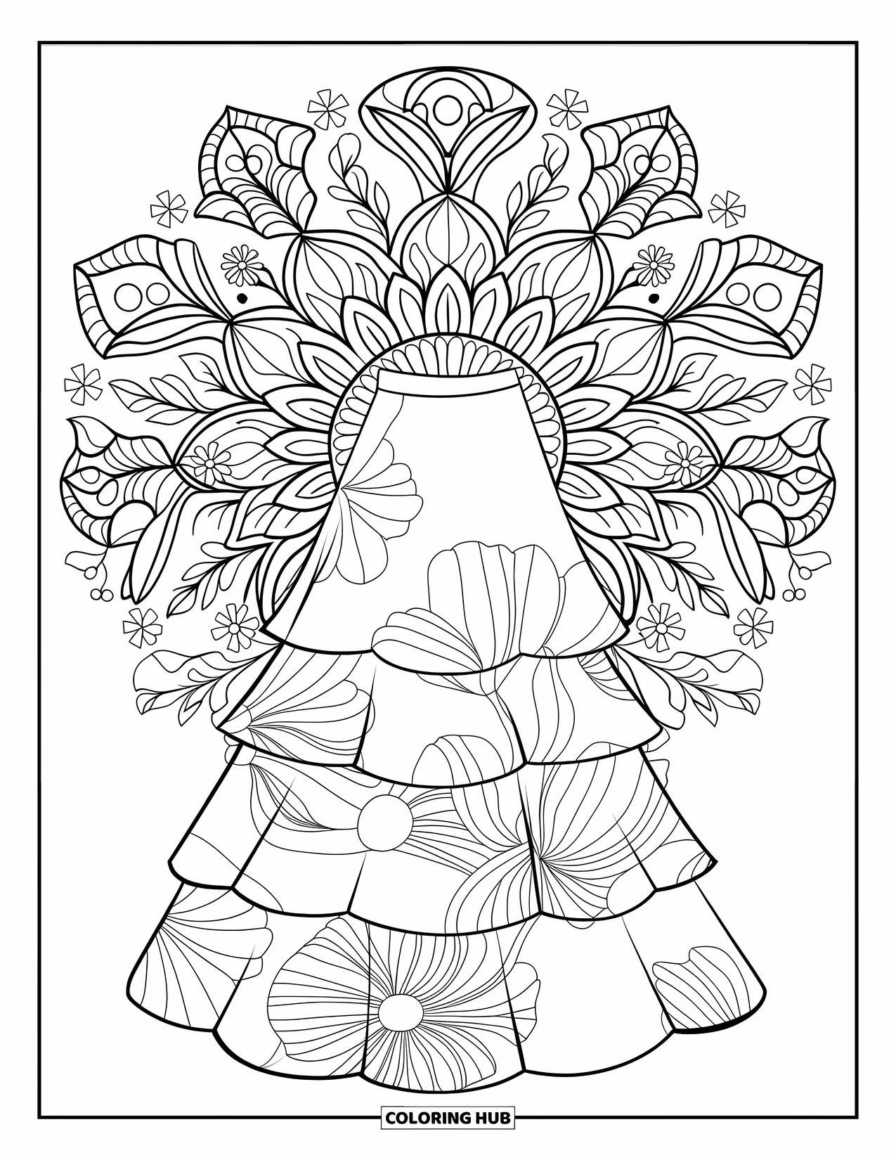 Clothes Coloring Page for Adults: Ruffled maxi dress with bold floral mandala details