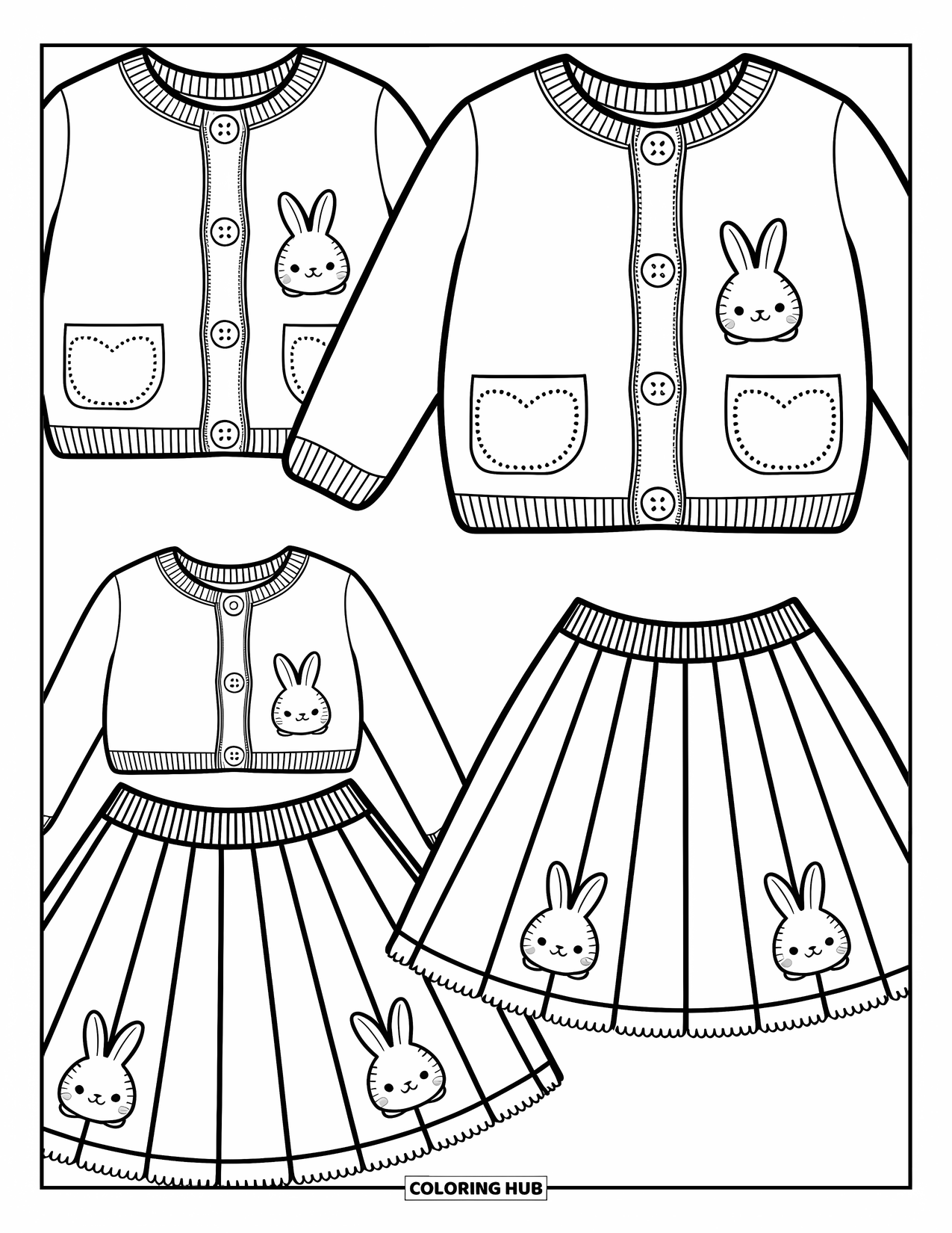 Clothes Coloring Page for Adults: Soft cardigans and skirts with bunny accents and floral hems