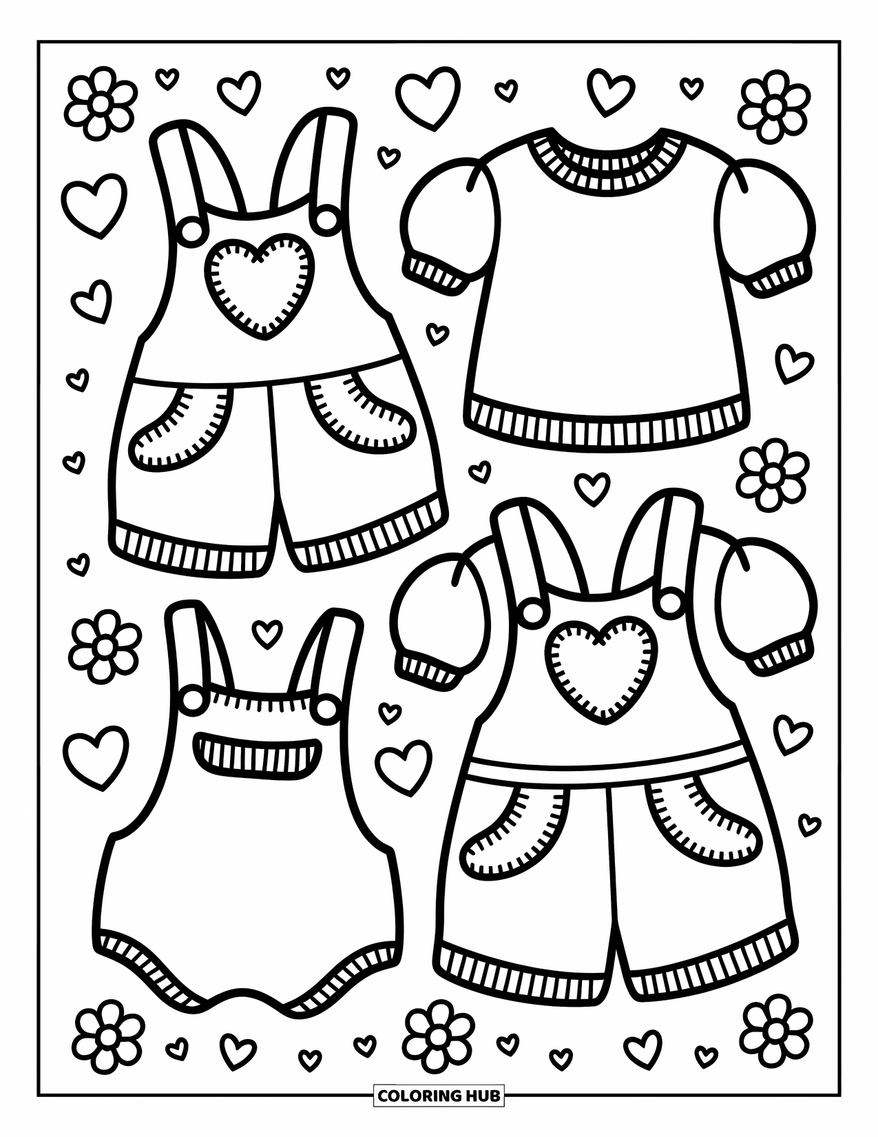 Clothes Coloring Page for Adults: Strawberry and ribbon-accented overalls paired with puffy tees