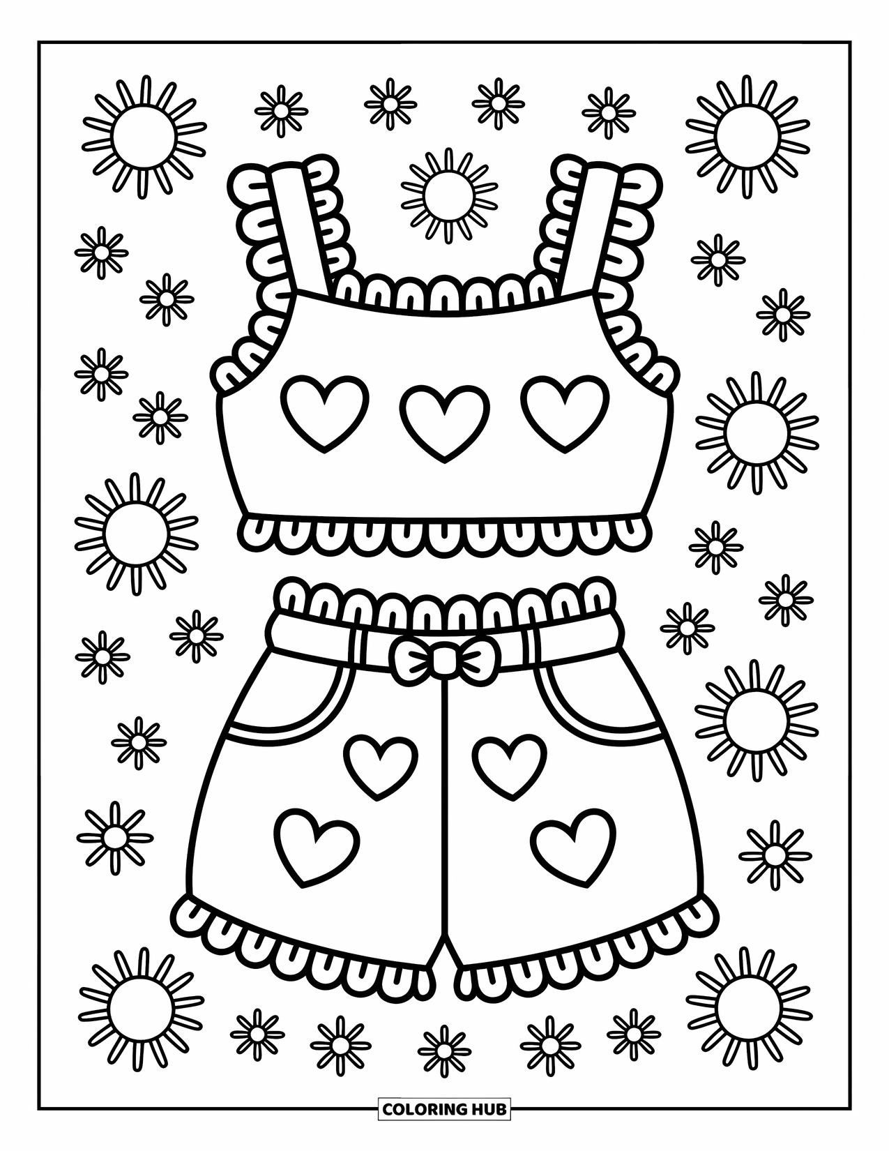 Clothes Coloring Page for Adults: Sunny-day outfit with hearts, bows, and tiny doodles all around