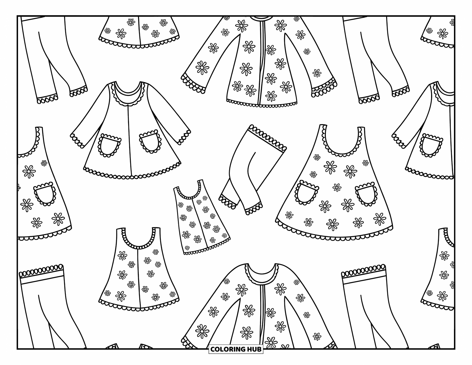 Clothes Coloring Page for Adults: Tunic and legging sets with frilled details and fun flower and animal designs