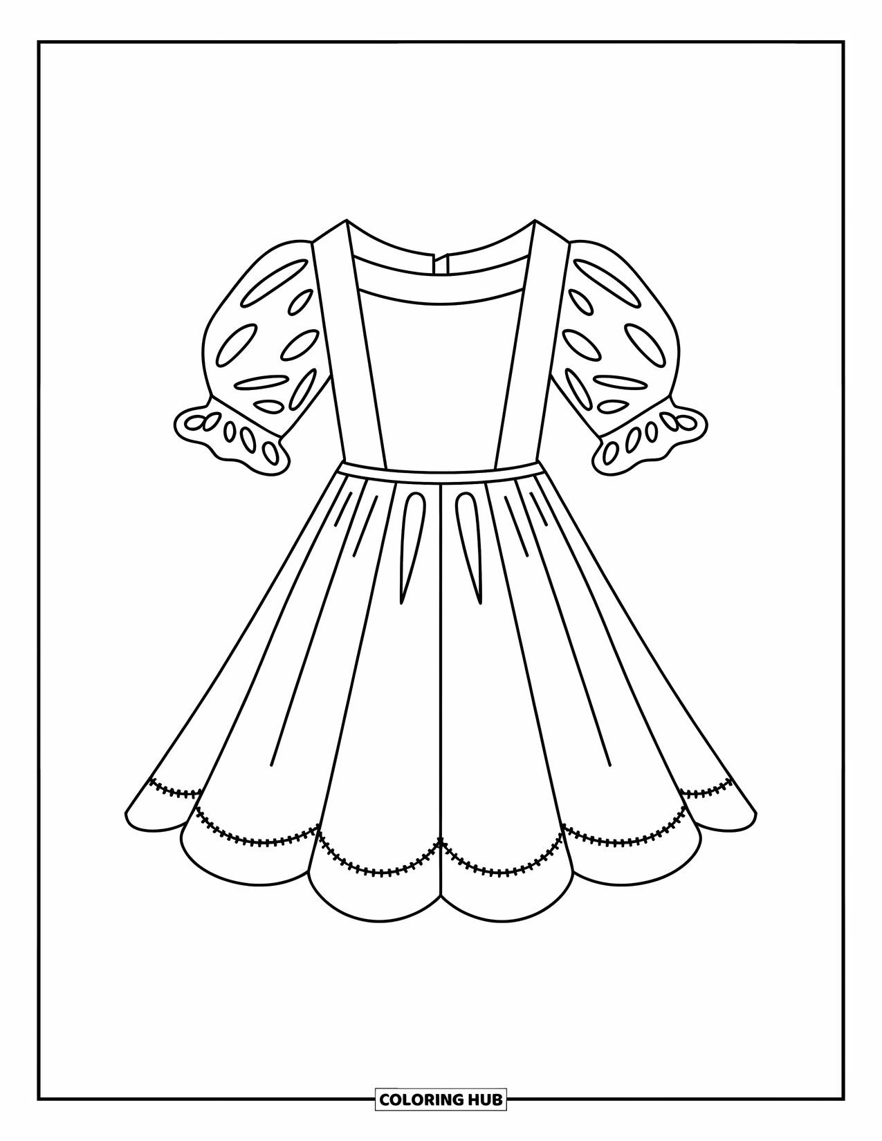 Clothes Coloring Page for Kids: A-line mini dress with puffed shoulders and stitched trim
