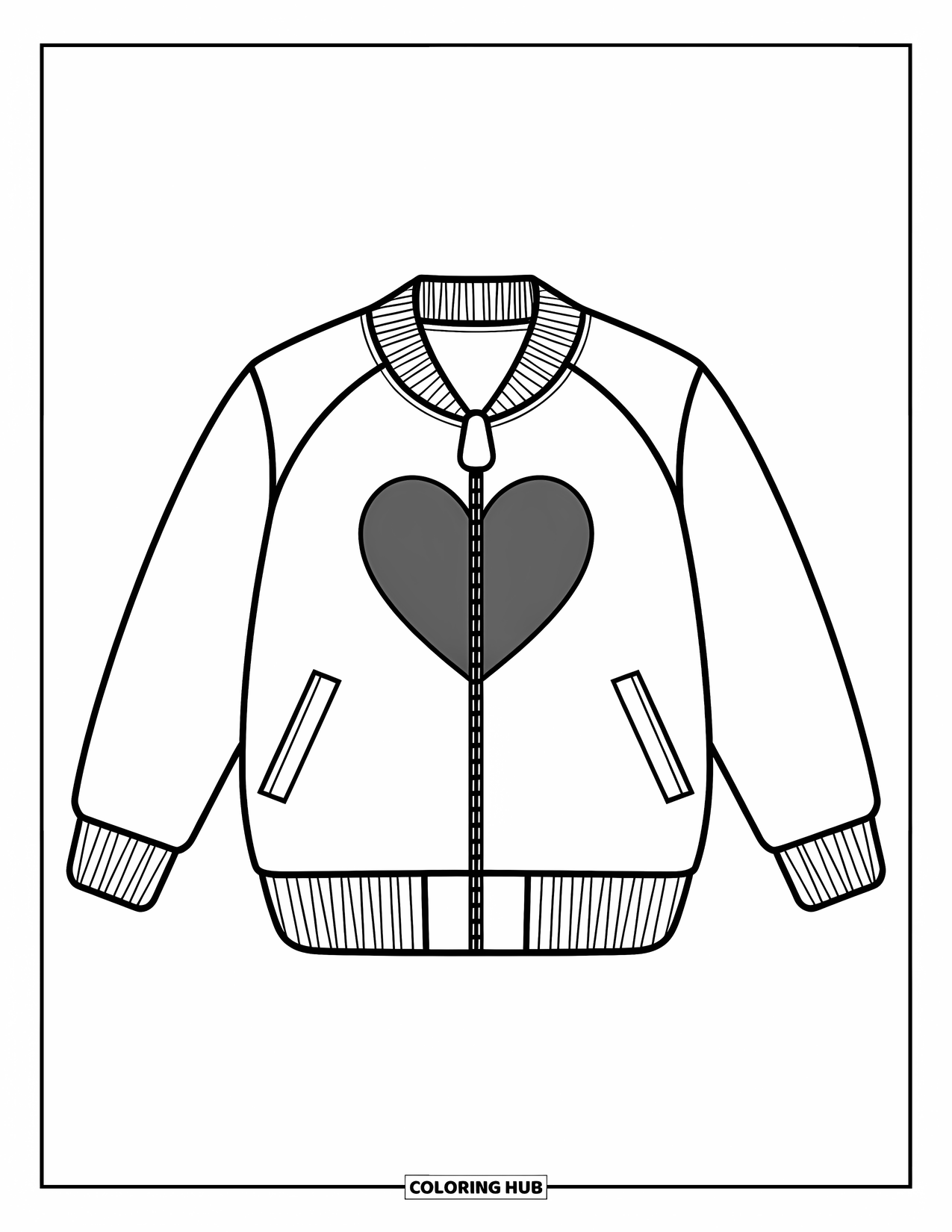 Clothes Coloring Page for Kids: Bomber jacket with big heart and ribbed cuffs