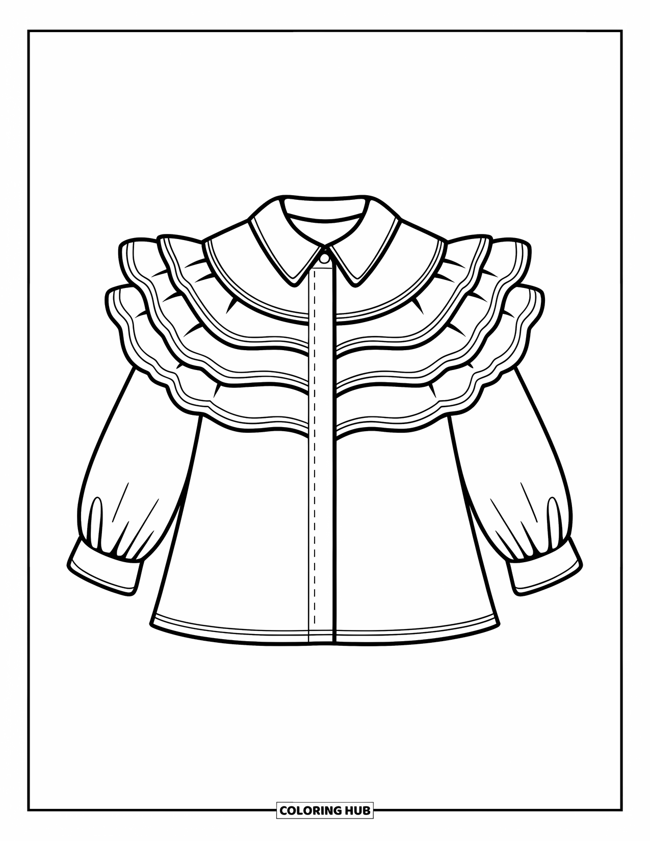 Clothes Coloring Page for Kids: Collared blouse with layered ruffles and stitched sleeves