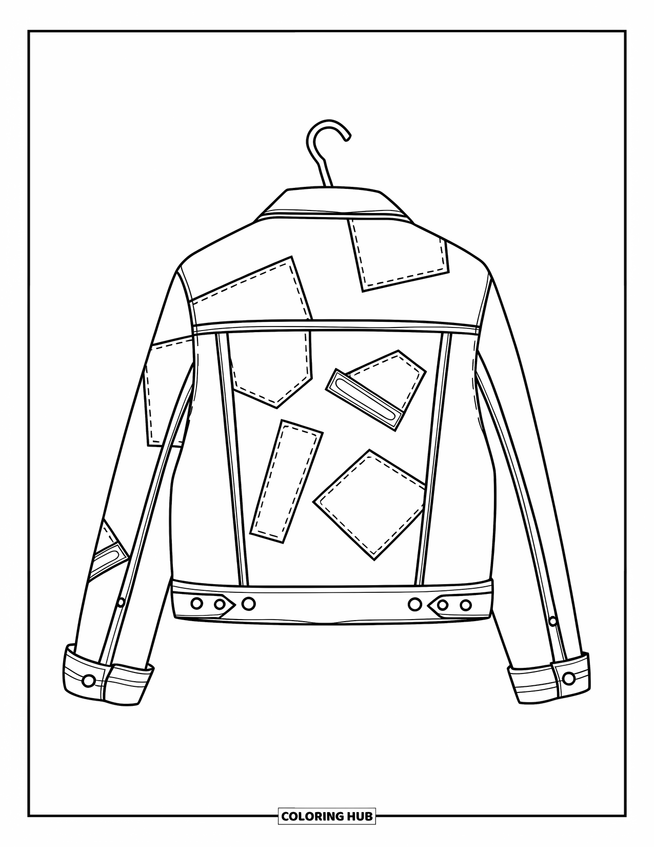 Clothes Coloring Page for Kids: Denim jacket with patchwork designs on a hanger