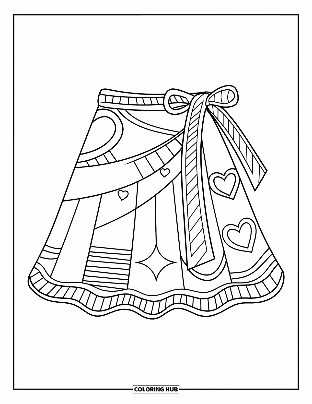 Clothes Coloring Page for Kids: Floral wrap skirt with ribbon, heart, and star accents