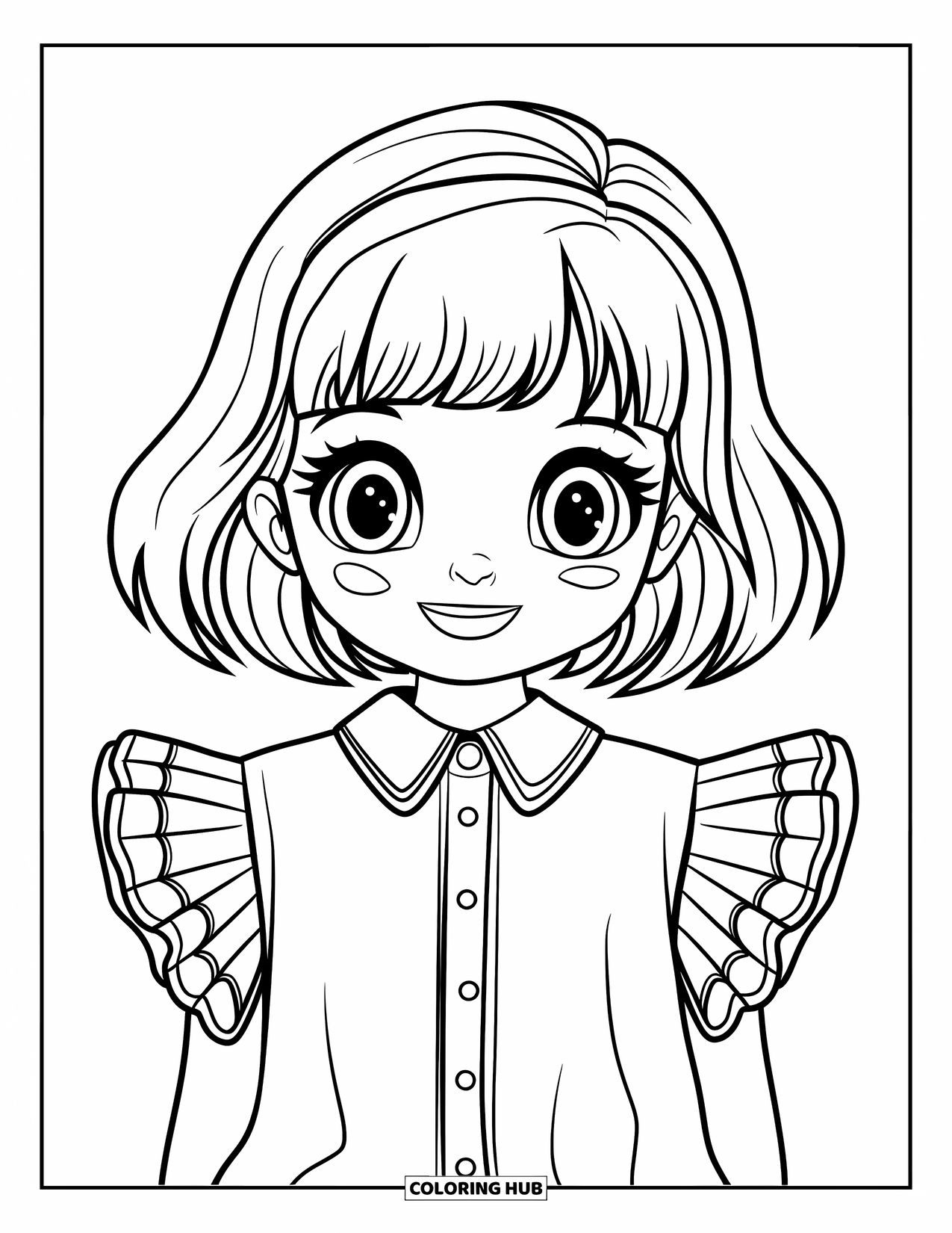 Clothes Coloring Page for Kids: Girl with pink hair wearing ruffled blouse