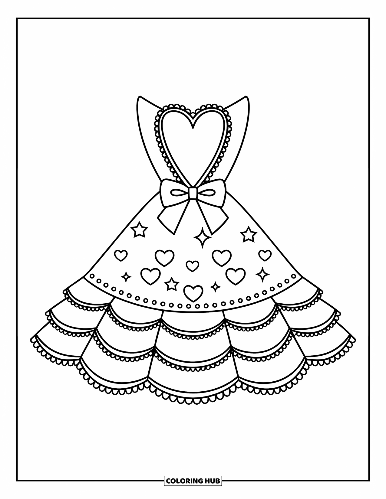 Clothes Coloring Page for Kids: Midi dress with ruffle skirt, heart neckline, and scattered stars