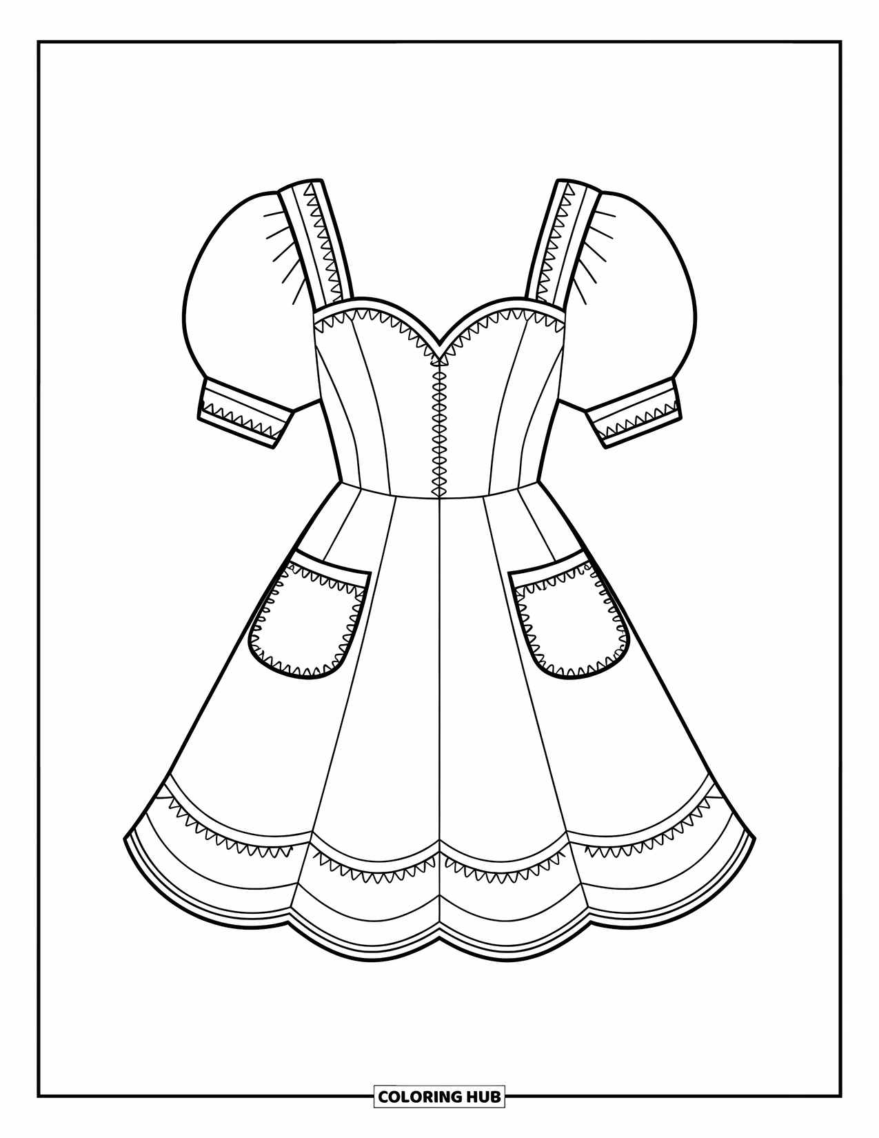 Clothes Coloring Page for Kids: Mini dress with stitched hem, pockets, and bold outlines