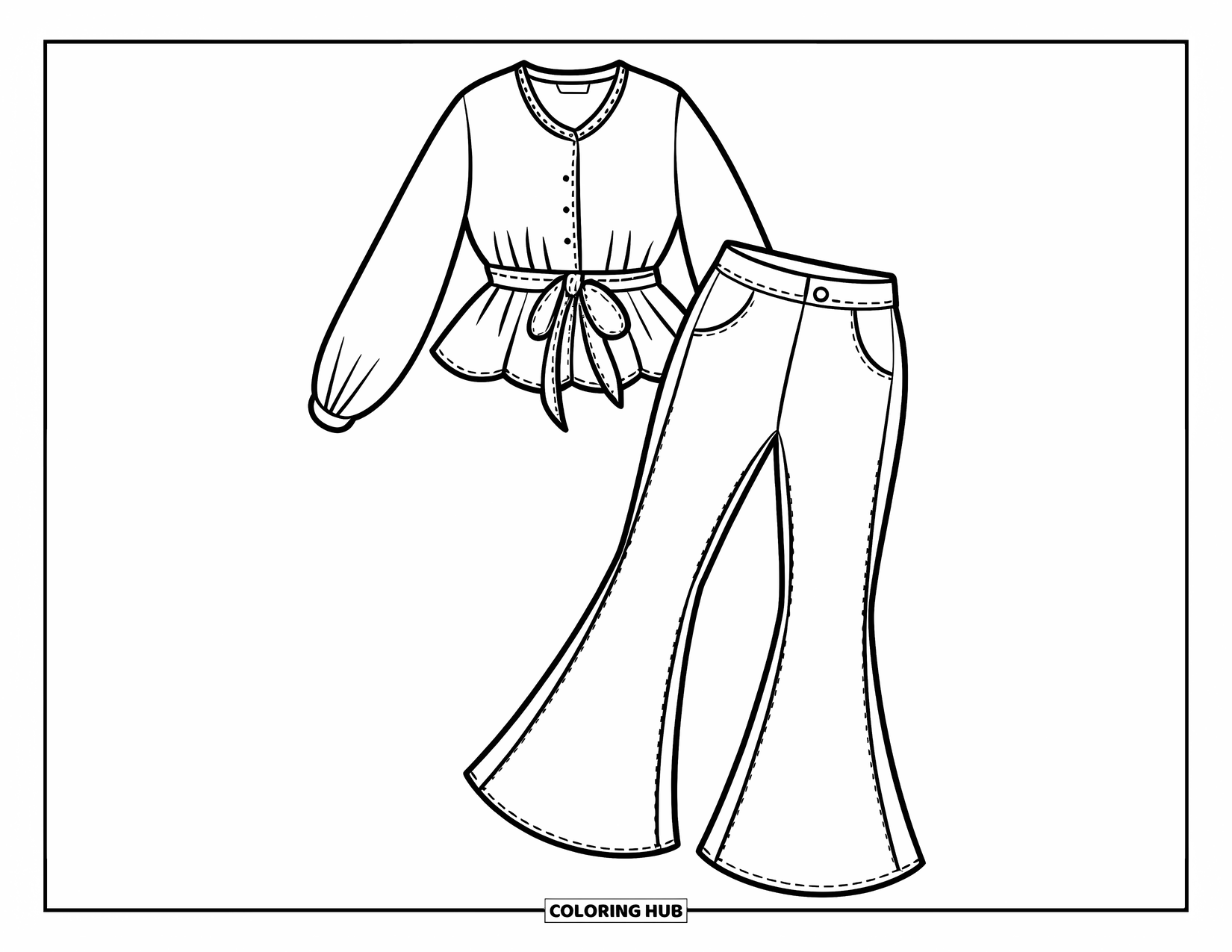 Clothes Coloring Page for Kids: Peplum blouse and flared pants with stitched lines and tied waist
