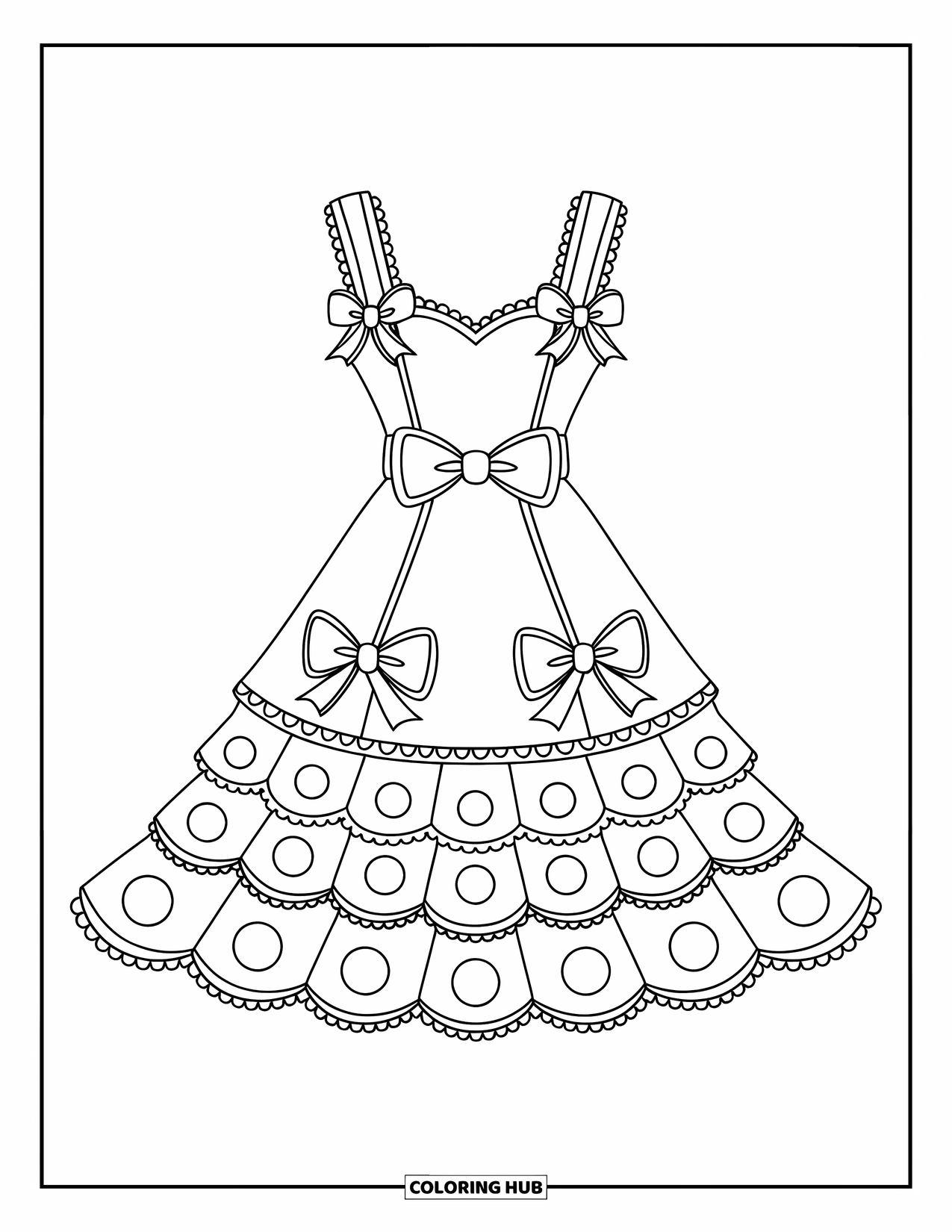 Clothes Coloring Page for Kids: Ruffled midi dress with bows and dotted trim details