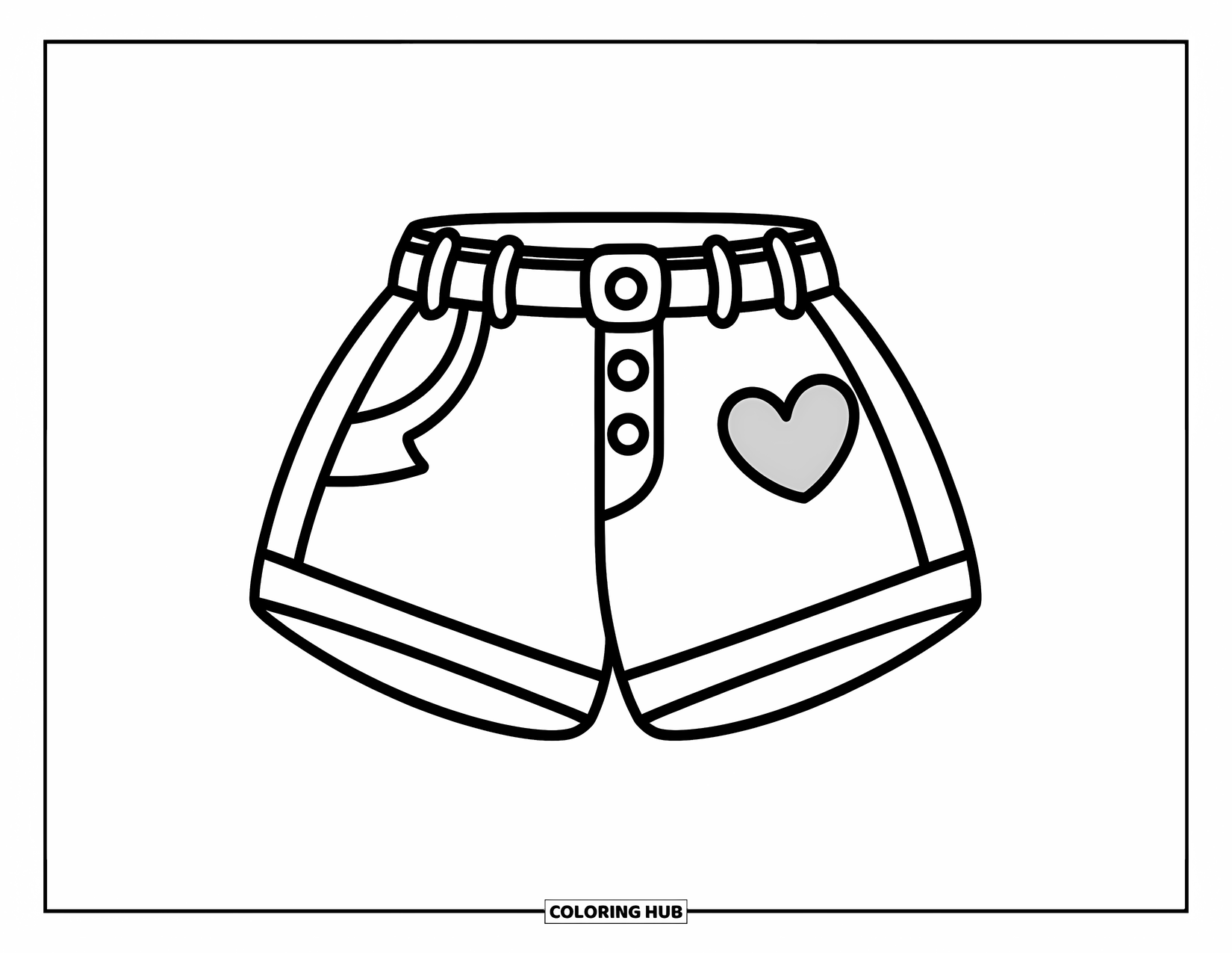 Clothes Coloring Page for Kids: Shorts with belt, buttons, and a cute heart on the pocket