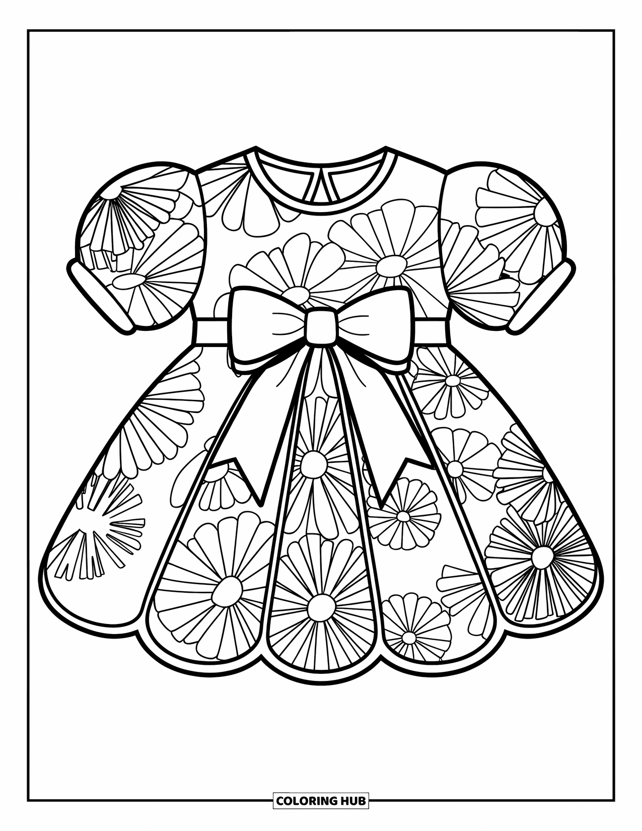 Clothes Coloring Page for Kids: Sundress with puffed sleeves, floral pattern, and big bow