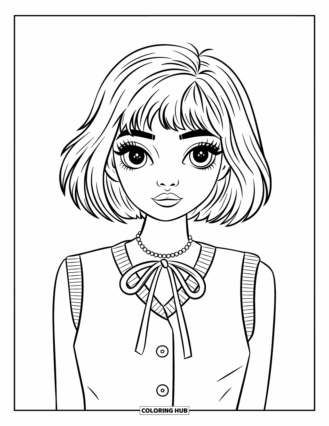 Clothes Coloring Page for Kids: Vest with bow-tied collar worn by girl with short hair
