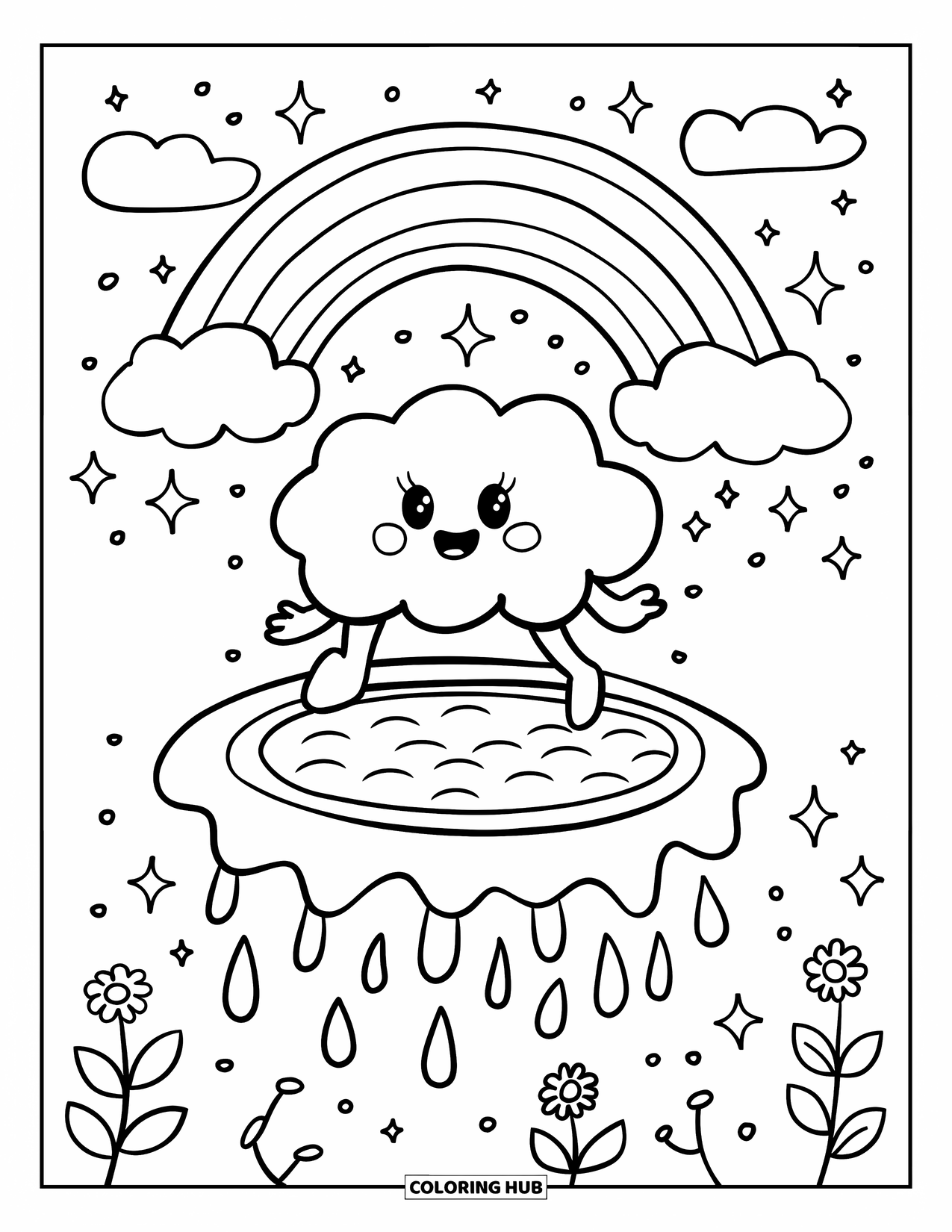 Cloud Coloring Page for Adults: A cloud jumps joyfully on a jelly raindrop trampoline with flowers and a rainbow above