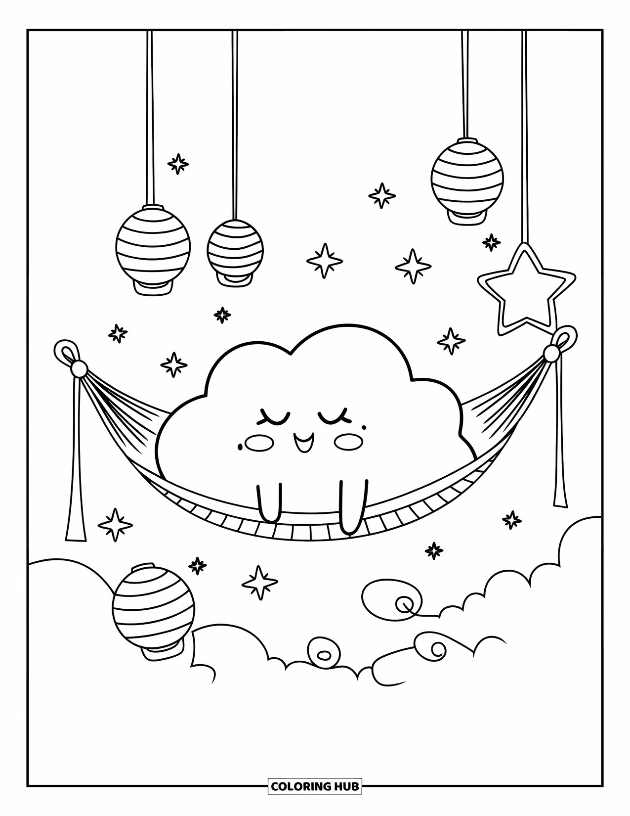 Cloud Coloring Page for Adults: A cloud naps in a hammock between floating stars as sparkles drift by