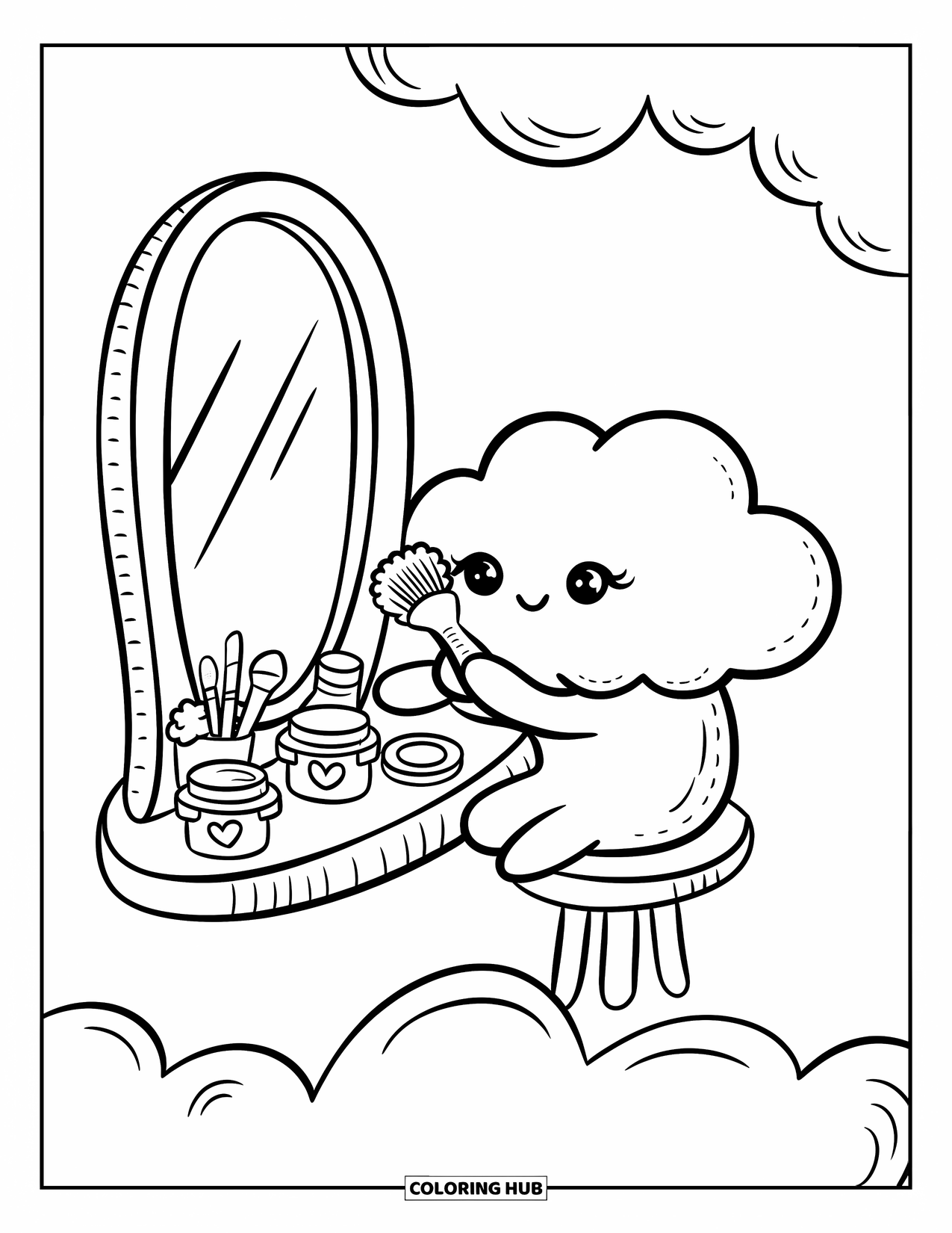 Cloud Coloring Page for Adults: A cloud styles its puff at a vanity with heart jars and a flower-shaped brush