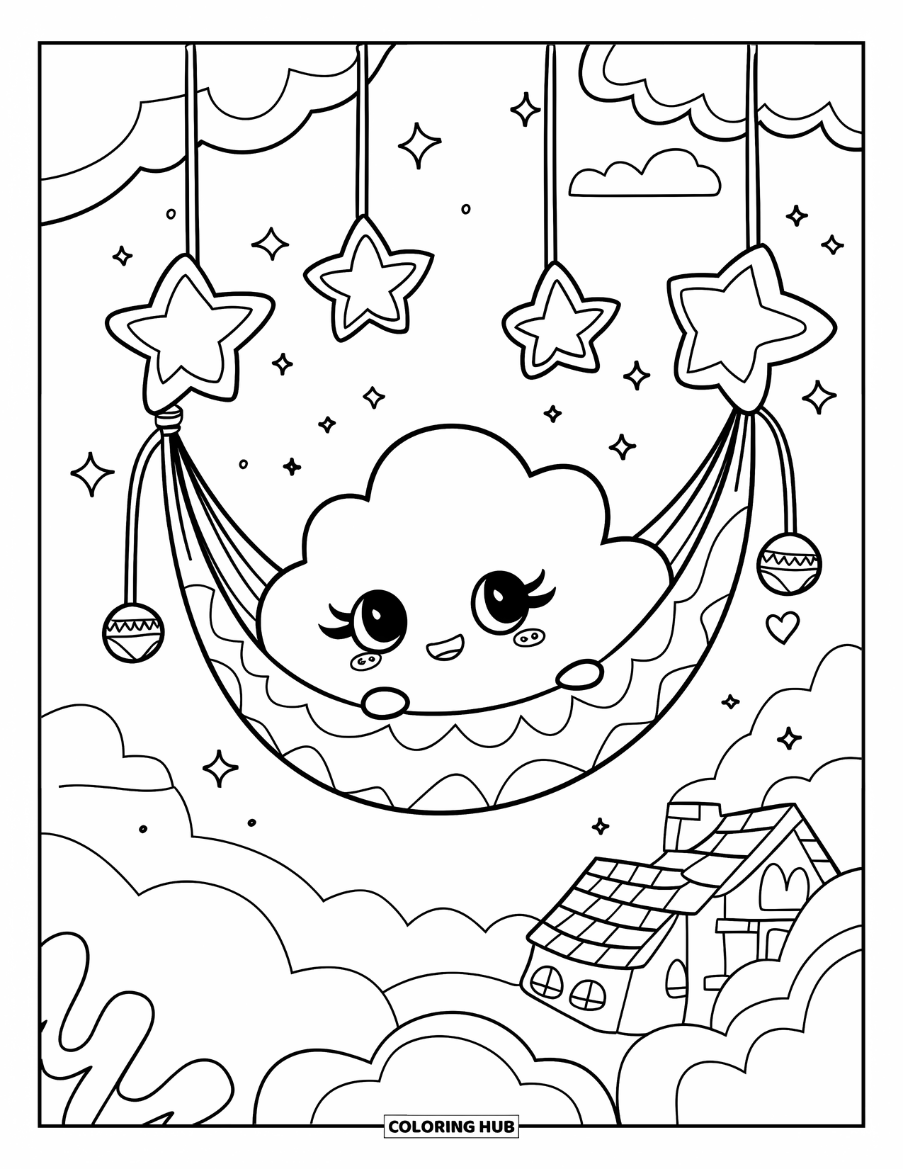 Cloud Coloring Page for Adults: A cloud with big eyes swings in a hammock among lanterns, sparkles, and tiny heart details