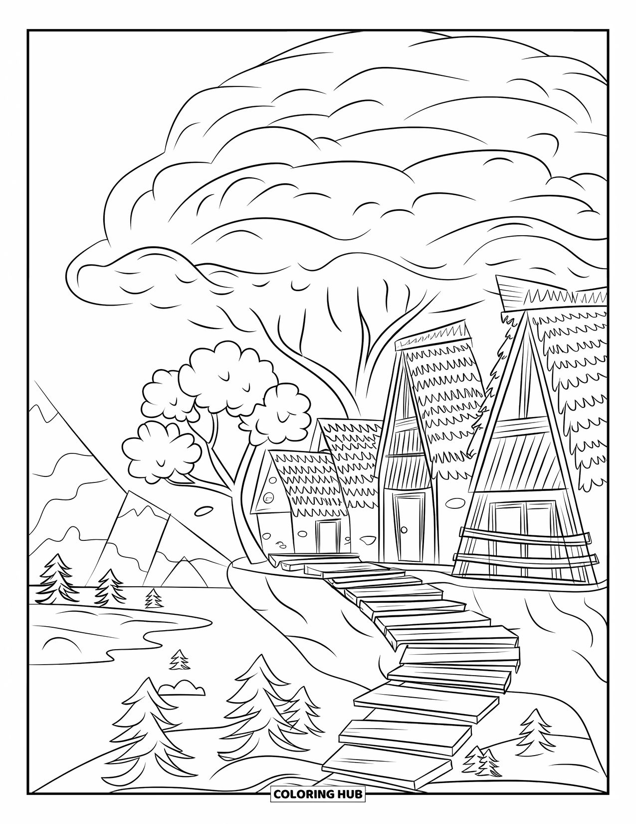Cloud Coloring Page for Adults: A dome of clouds shelters a floating village with thatched roofs and wooden walkways