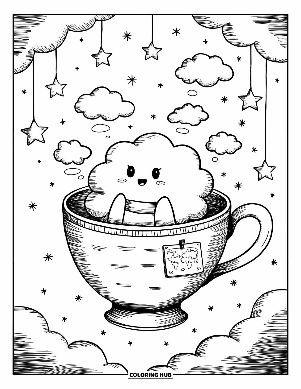 Cloud Coloring Page for Adults: A fluffy cloud in a scarf floats in a teacup airship surrounded by swirling steam clouds