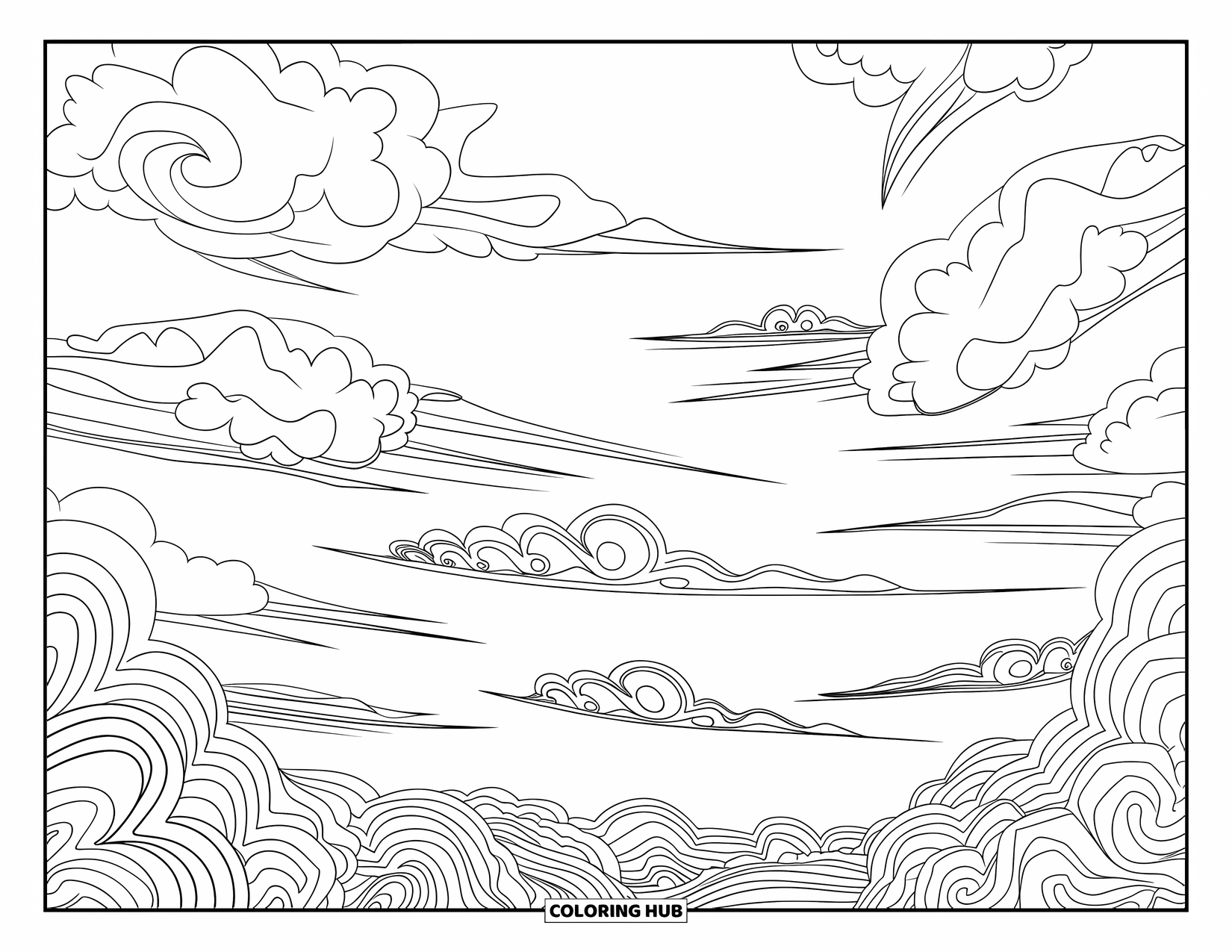 Cloud Coloring Page for Adults: A sky filled with swirling clouds and soft wind lines stretches across the page