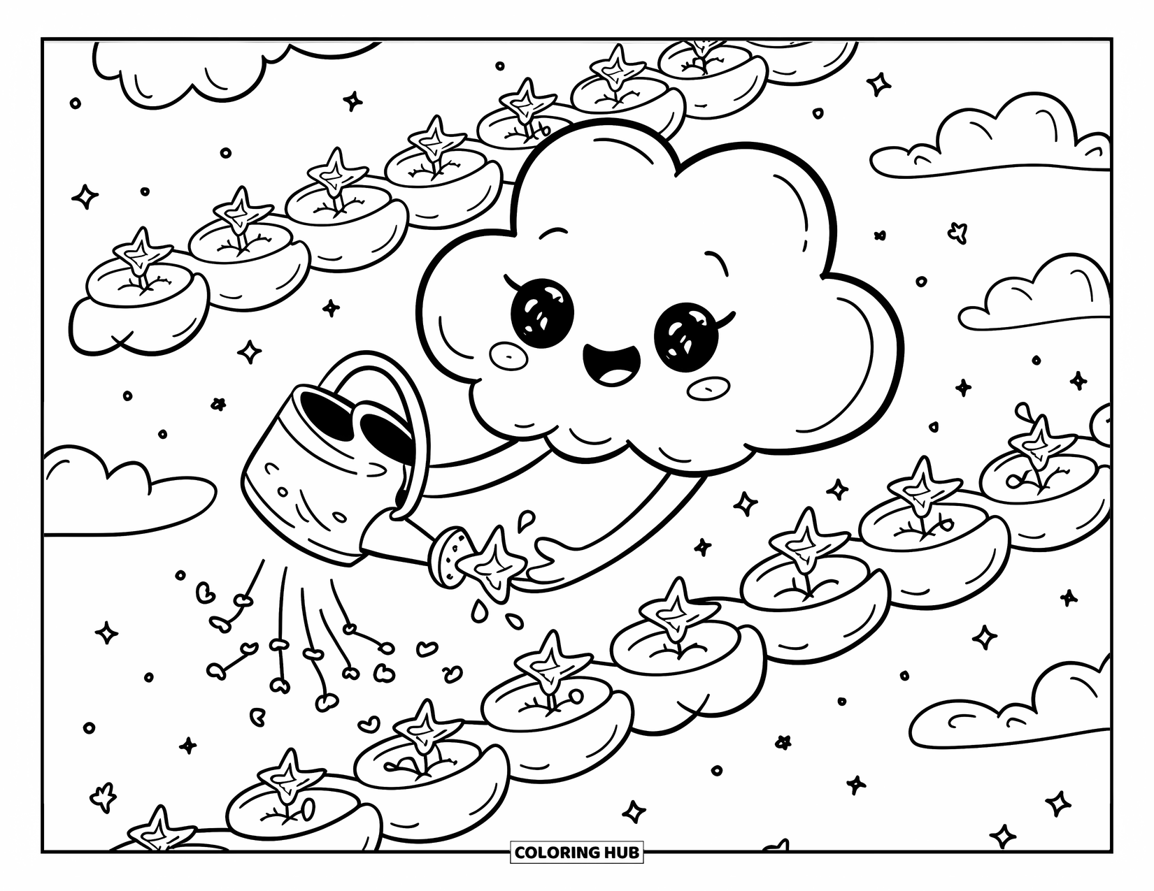 Cloud Coloring Page for Adults: A smiling cloud tends to floating planters, planting tiny glowing stars in the sky