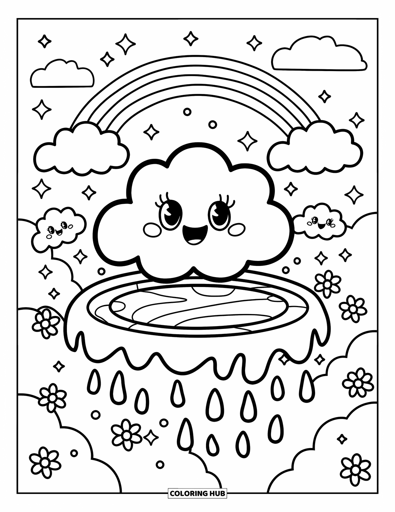 Cloud Coloring Page for Adults: Bouncing on a jelly trampoline, a cloud soars as sparkles and flowers fill the sky
