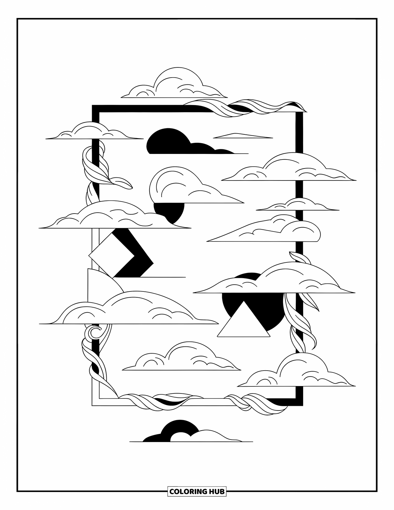 Cloud Coloring Page for Adults: Clouds and curling vines hold scattered shapes in a calm, geometric sky scene
